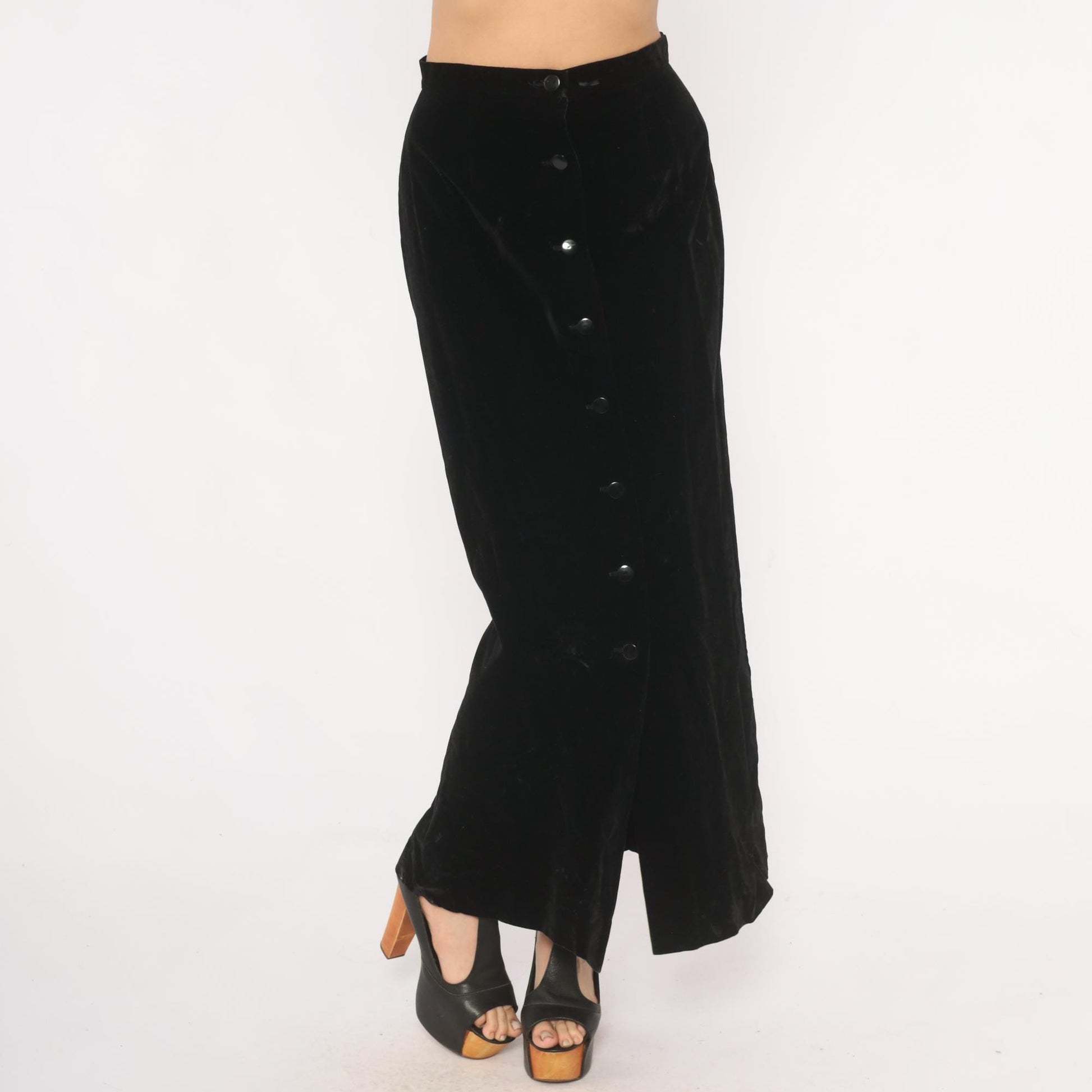 90s Black Velvet Maxi Skirt Button Front A-Line High Waist Small S