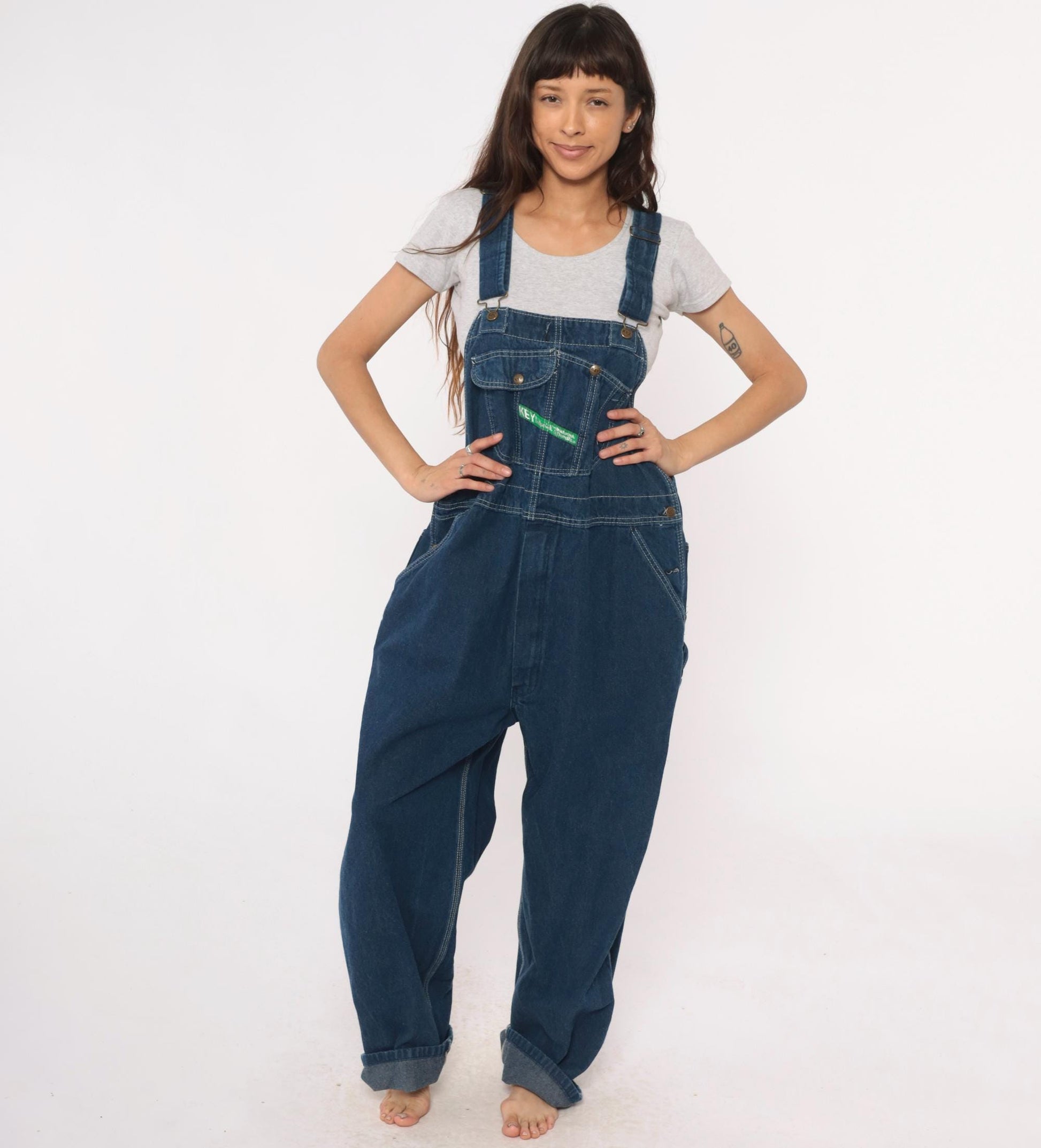 90s Key Imperial Navy Denim Overalls Cargo Pockets Utility Extra Large XL