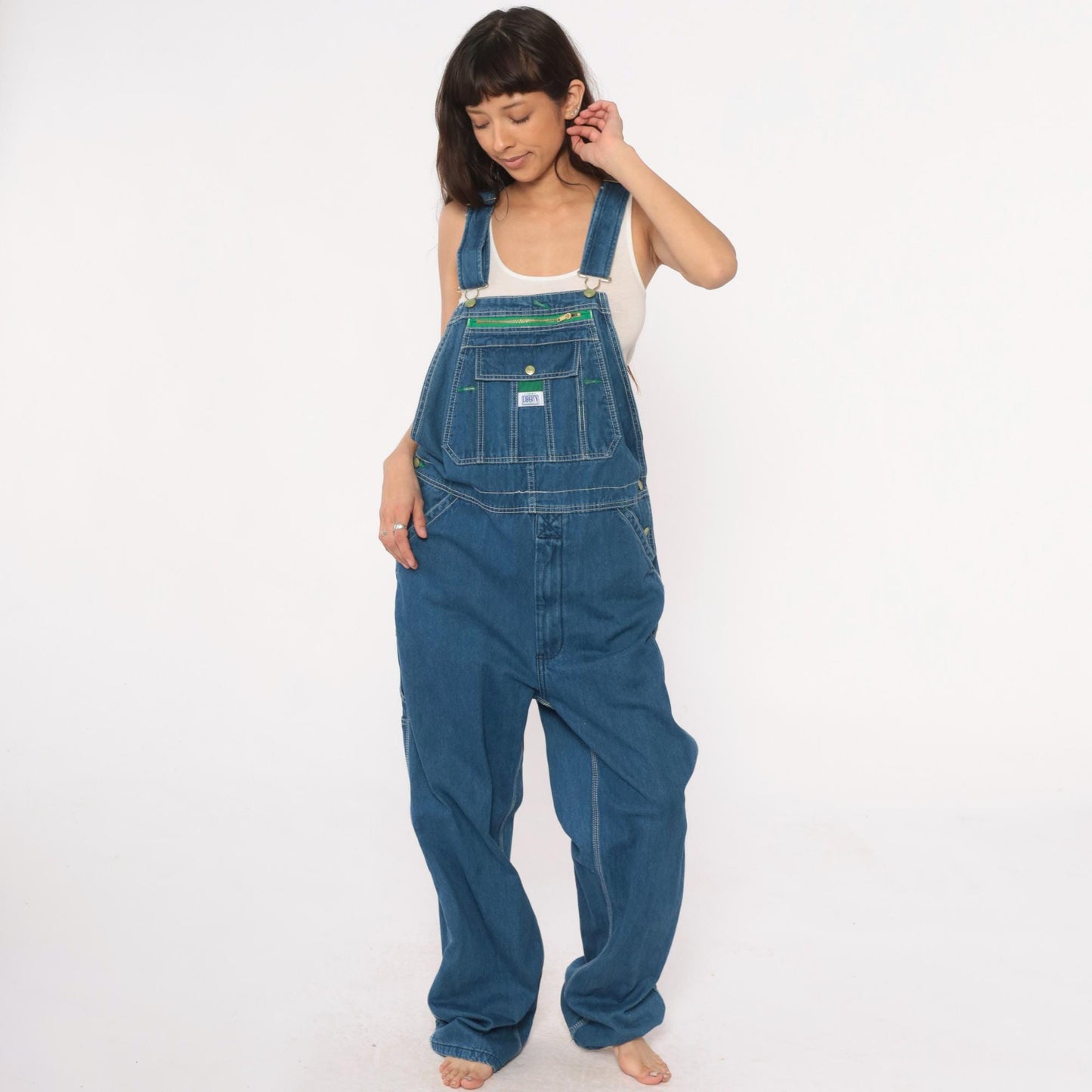 Y2K Liberty Medium Blue Denim Overalls Green Trim Zippered Bib Extra Large