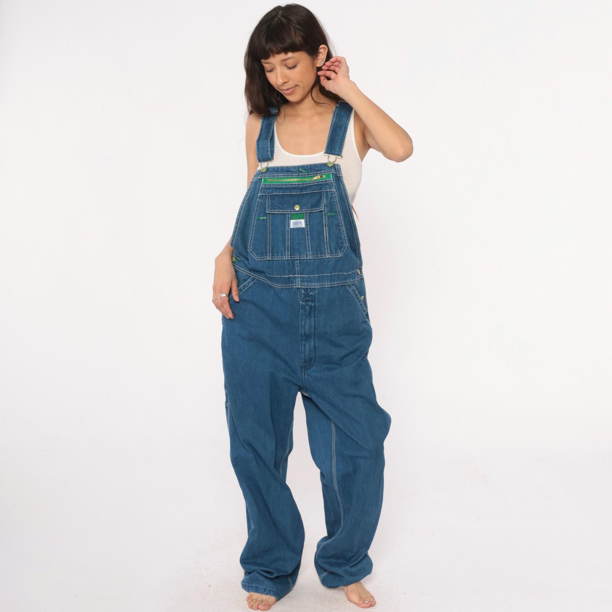 Y2K Liberty Medium Blue Denim Overalls Green Trim Zippered Bib Extra Large