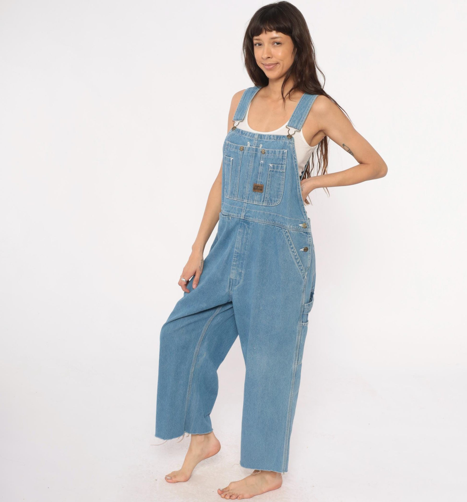 Y2K Big Smith Light Wash Denim Overalls Wide Leg Frayed Hem Medium