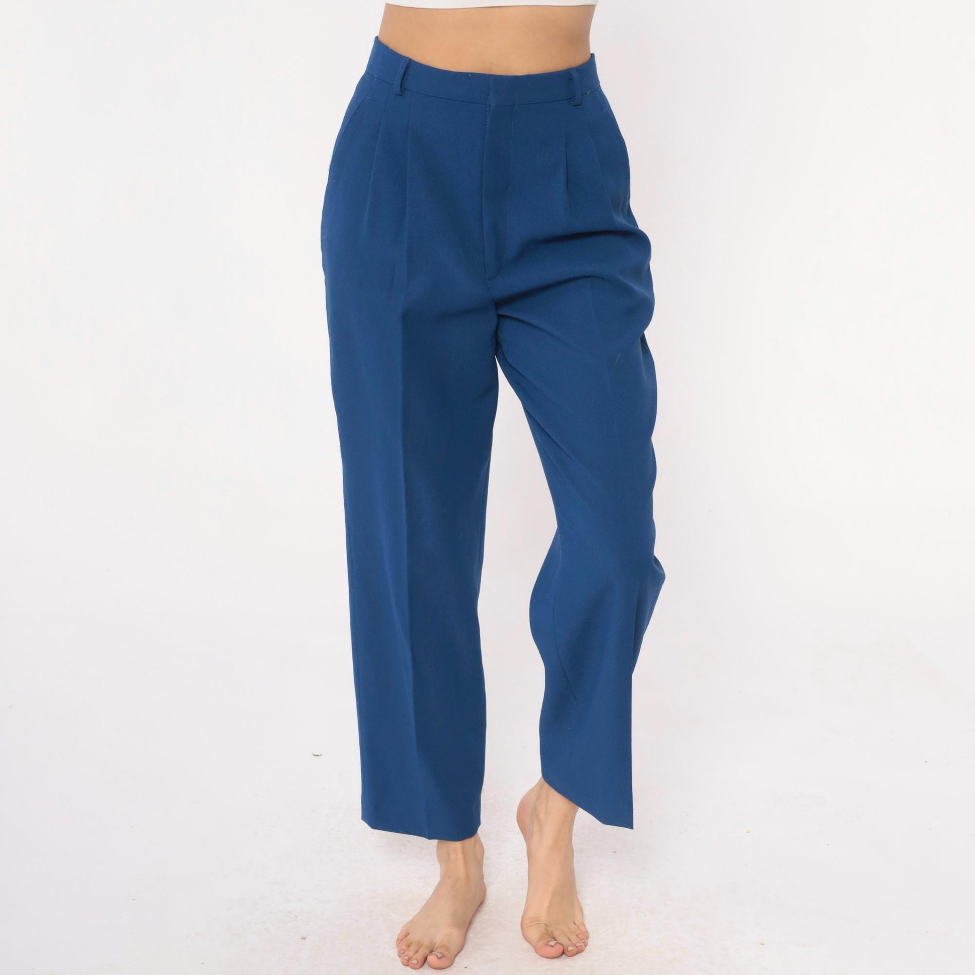 70s Haggar Navy Pleated High-Waist Trousers Ankle Length Medium
