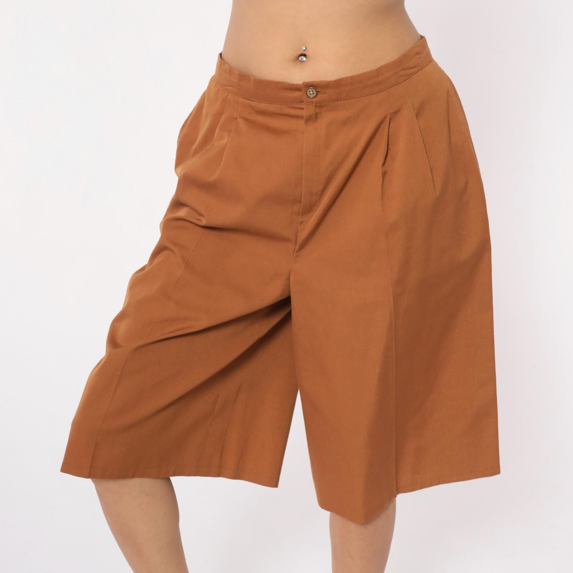 80s Camel Pleated High-Waist Shorts Tailored Wide Leg Medium
