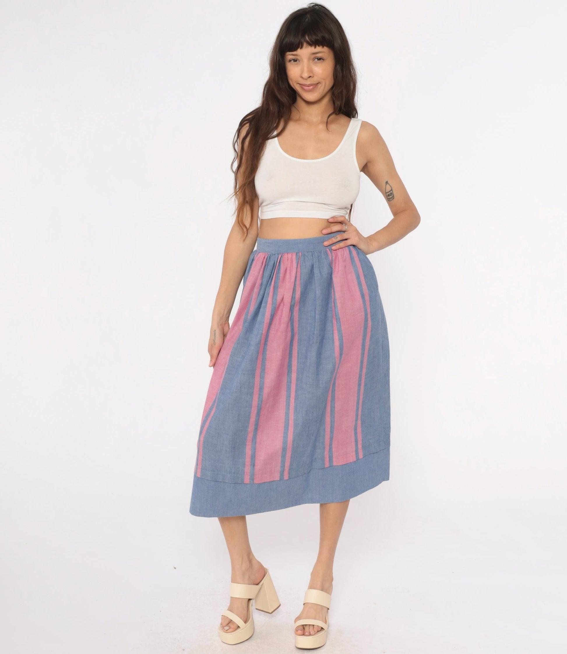 80s Blue Pink Striped Midi Skirt High Waist Gathered Full Skirt Small S