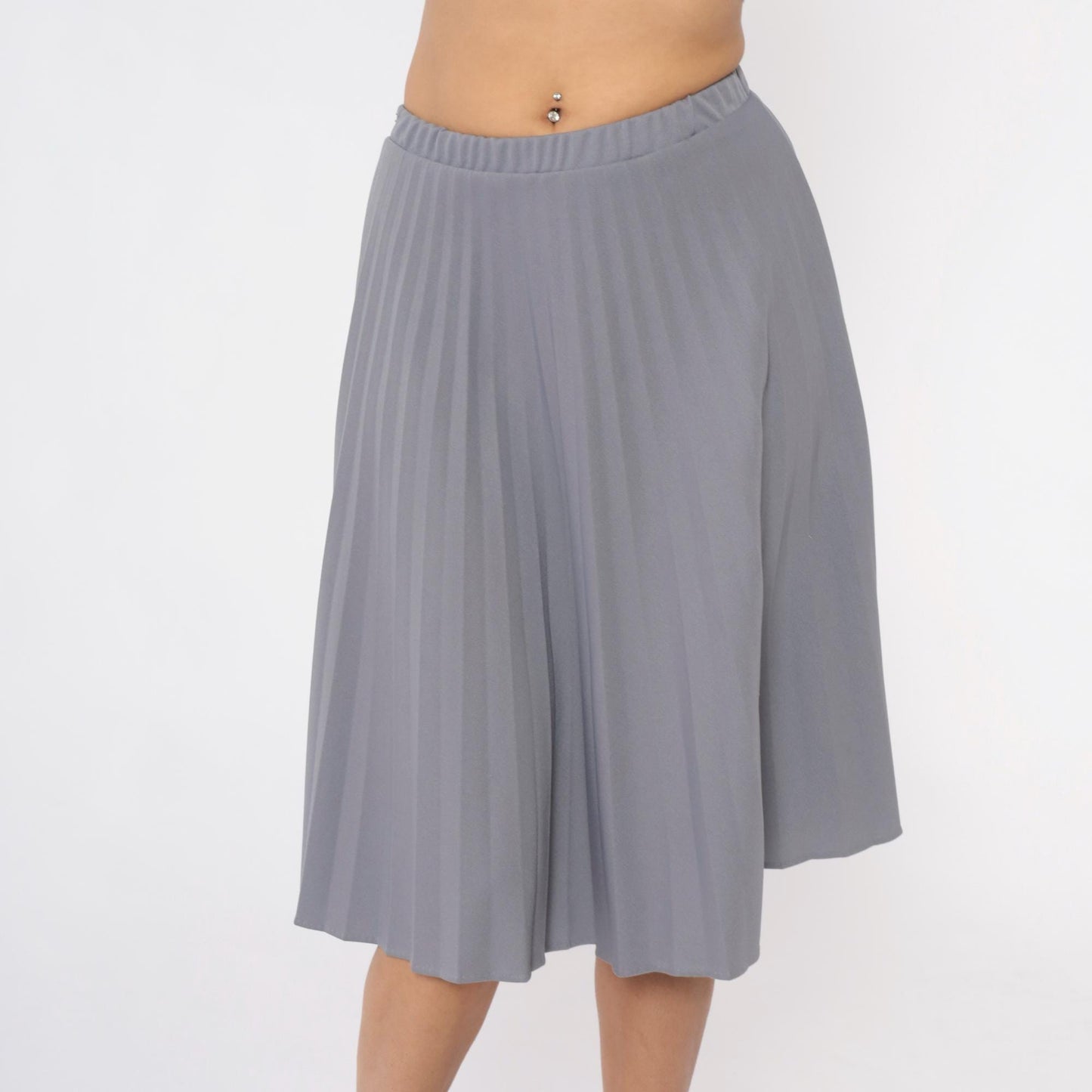 70s Grey Pleated Skirt Elastic Waist Knee-Length A-Line Medium