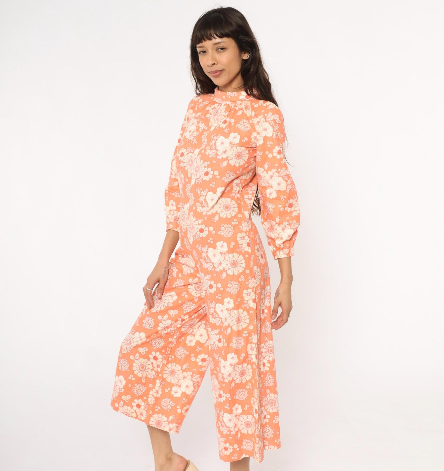 70s Orange Floral Jumpsuit Mock Neck Wide Leg Cream White Cotton Small
