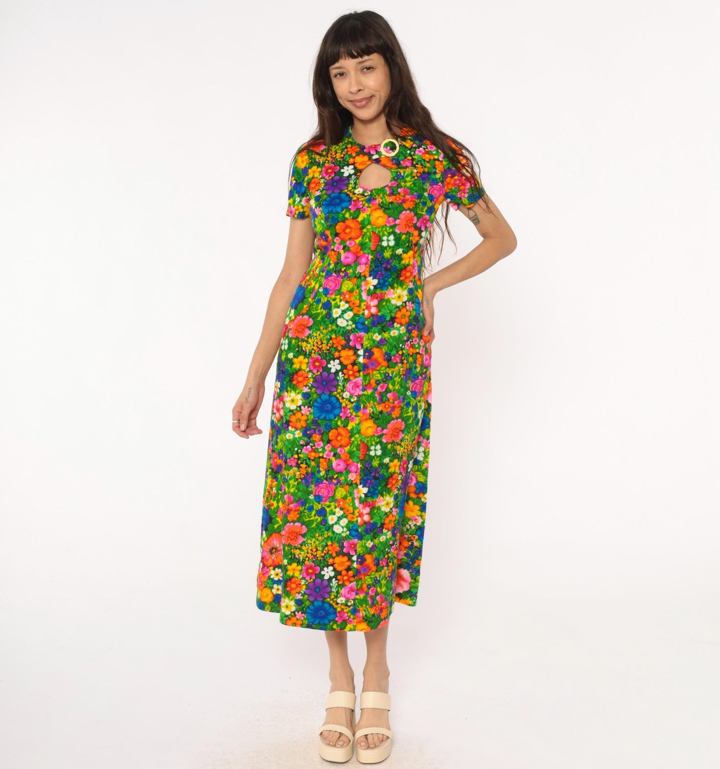 70s Floral Maxi Dress Keyhole Neckline Short Sleeve Cotton Rainbow Small