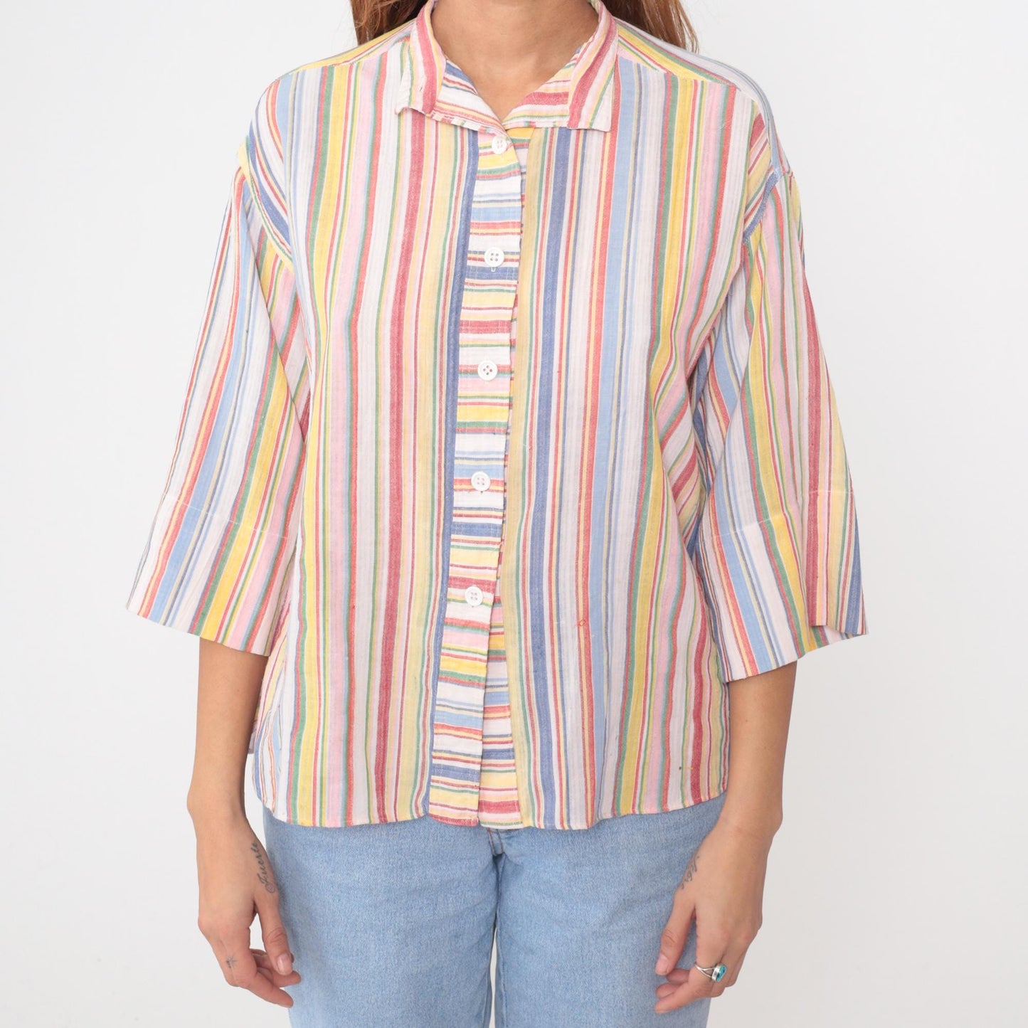 80s Lady Manhattan Rainbow Stripe Button Blouse Multicolor Cotton Medium M