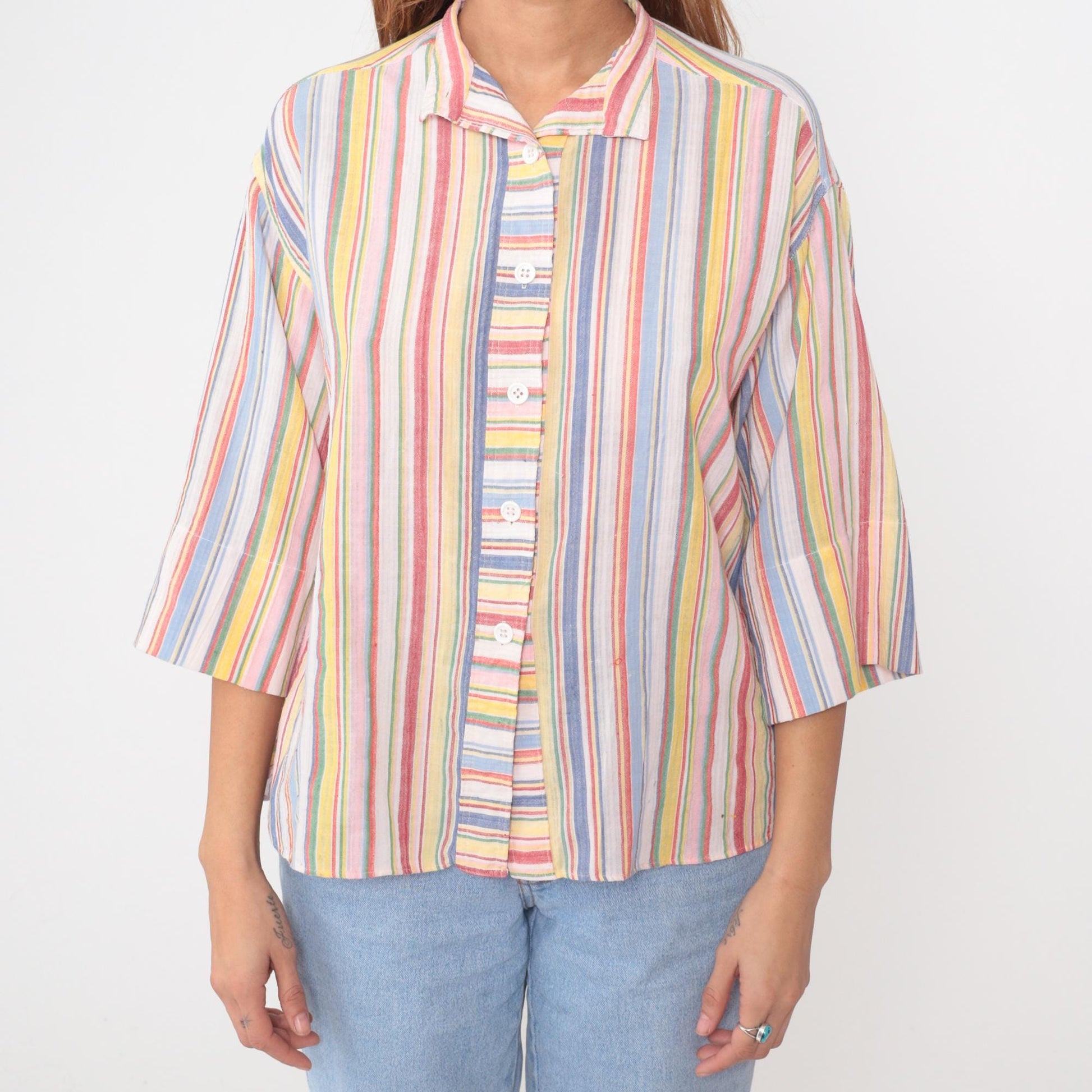 80s Lady Manhattan Rainbow Stripe Button Blouse Multicolor Cotton Medium M