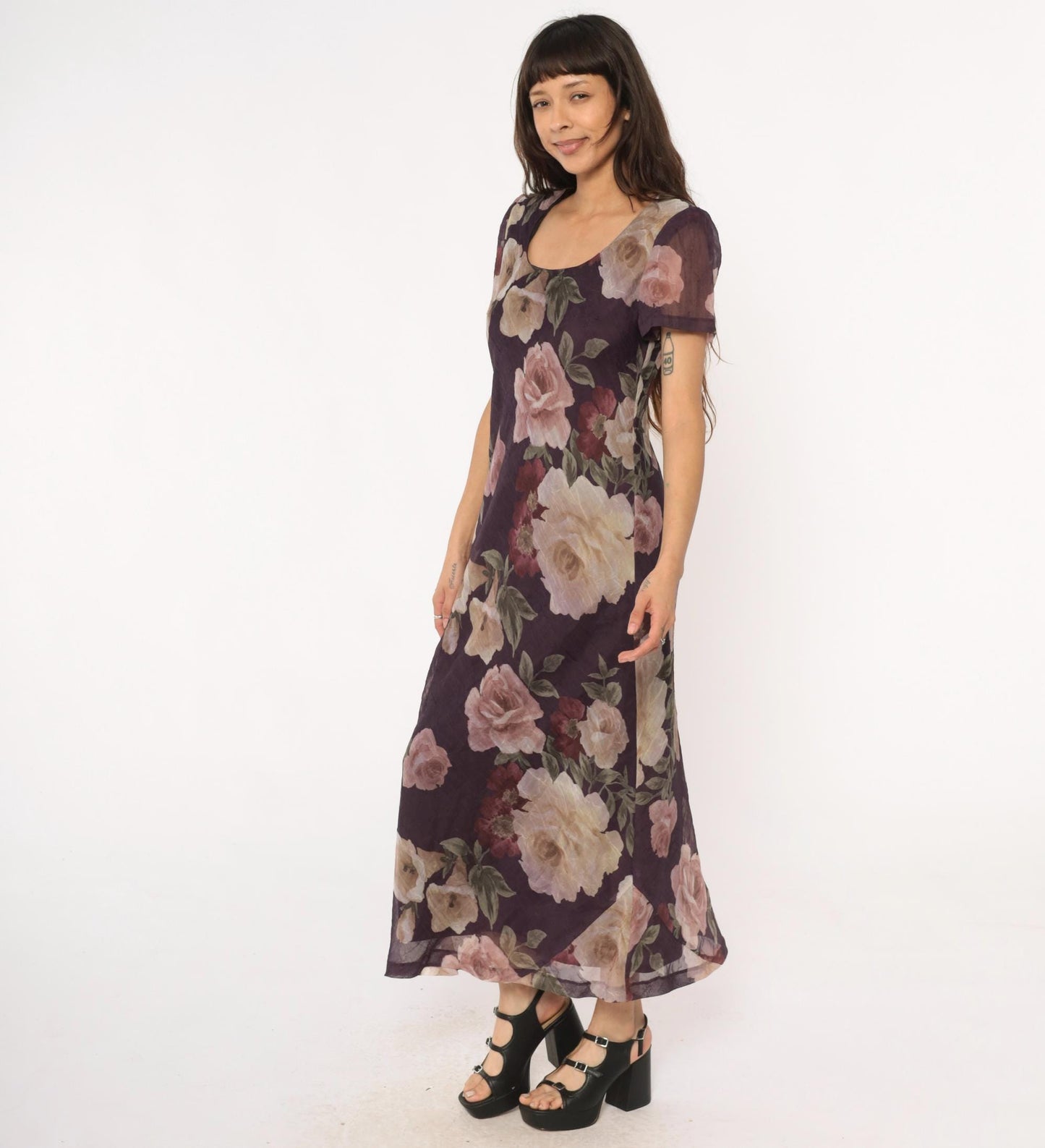 90s Jessica Howard Floral Maxi Dress Purple Rose Print Short Sleeve Medium