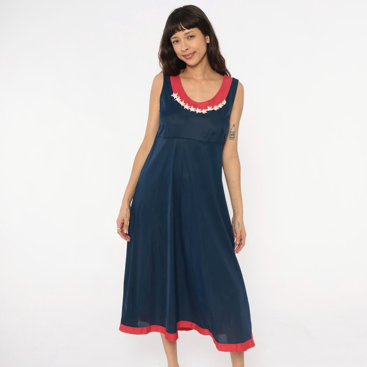70s Navy Maxi Dress Stars Embroidered Red Trim Empire Waist Medium