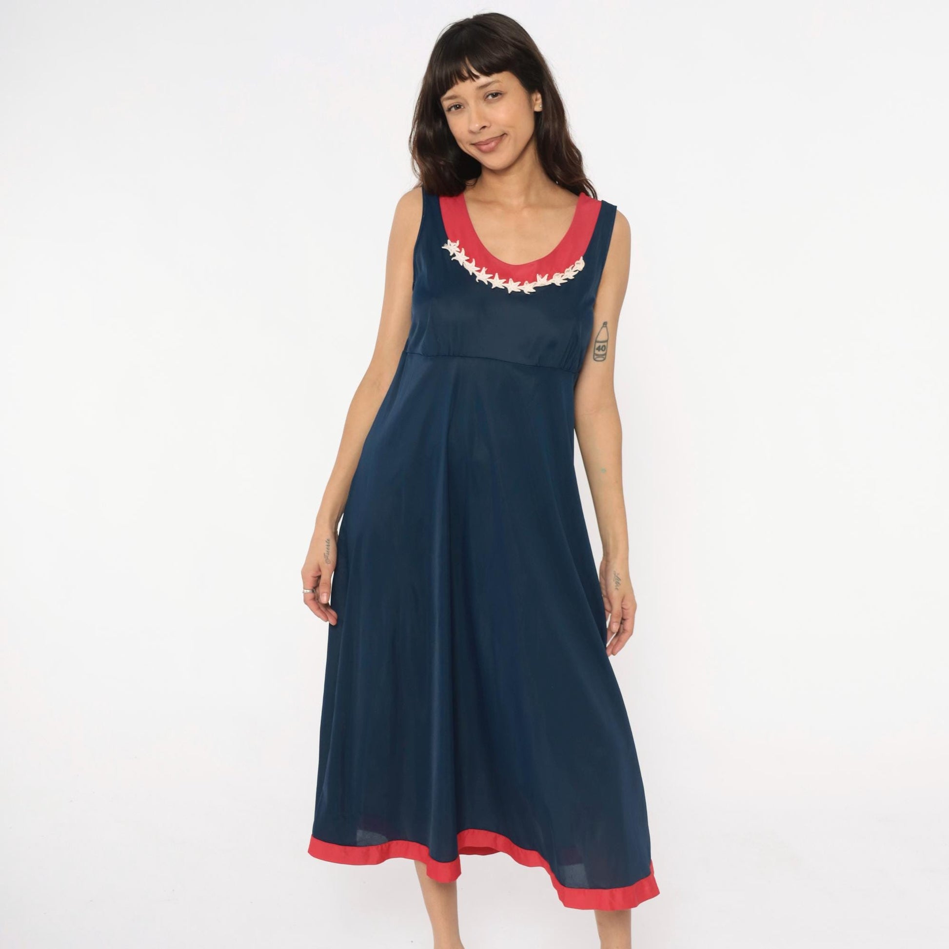 70s Navy Maxi Dress Stars Embroidered Red Trim Empire Waist Medium