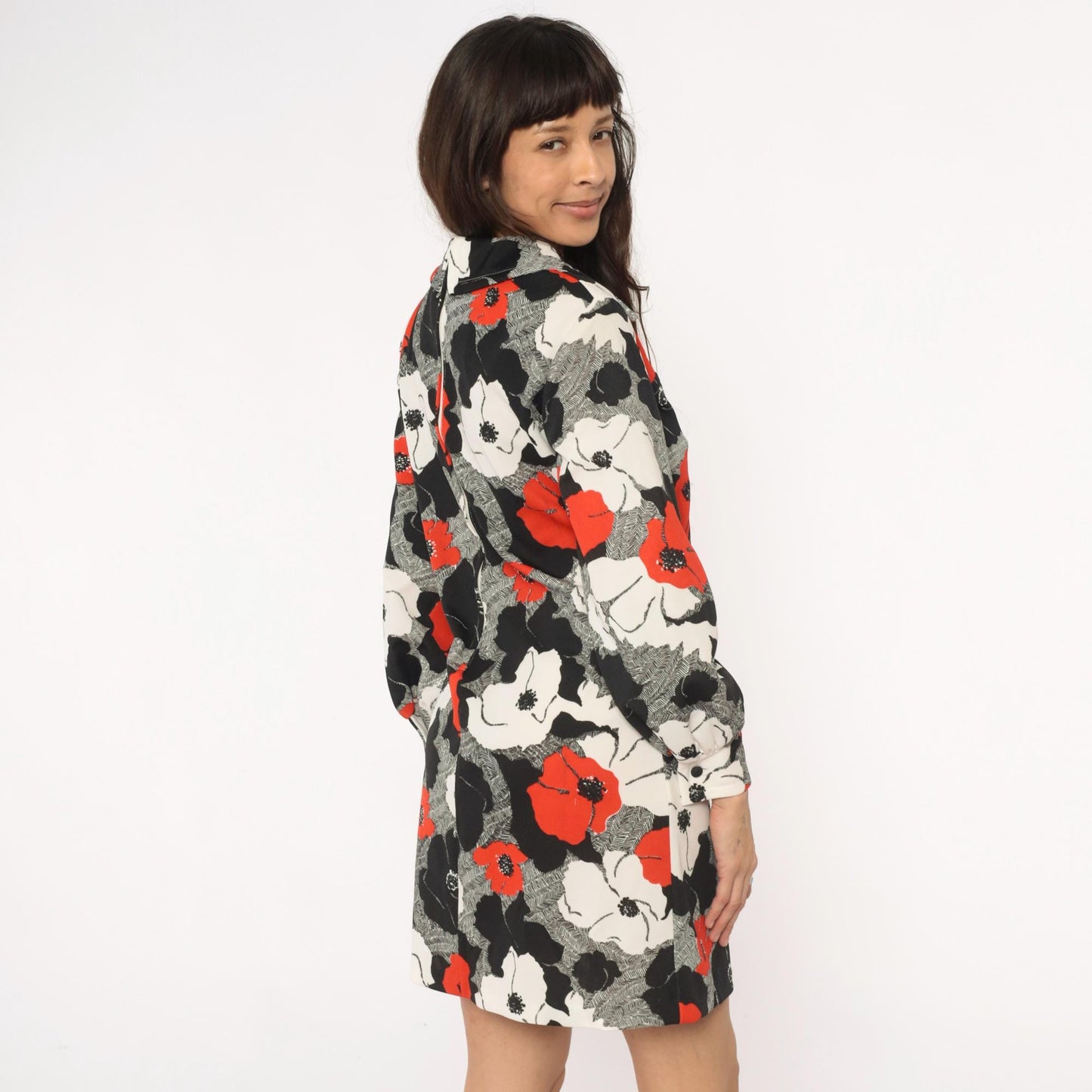 70s Floral Shift Dress Red Black White Poppy Print Collared Long Sleeve Large L