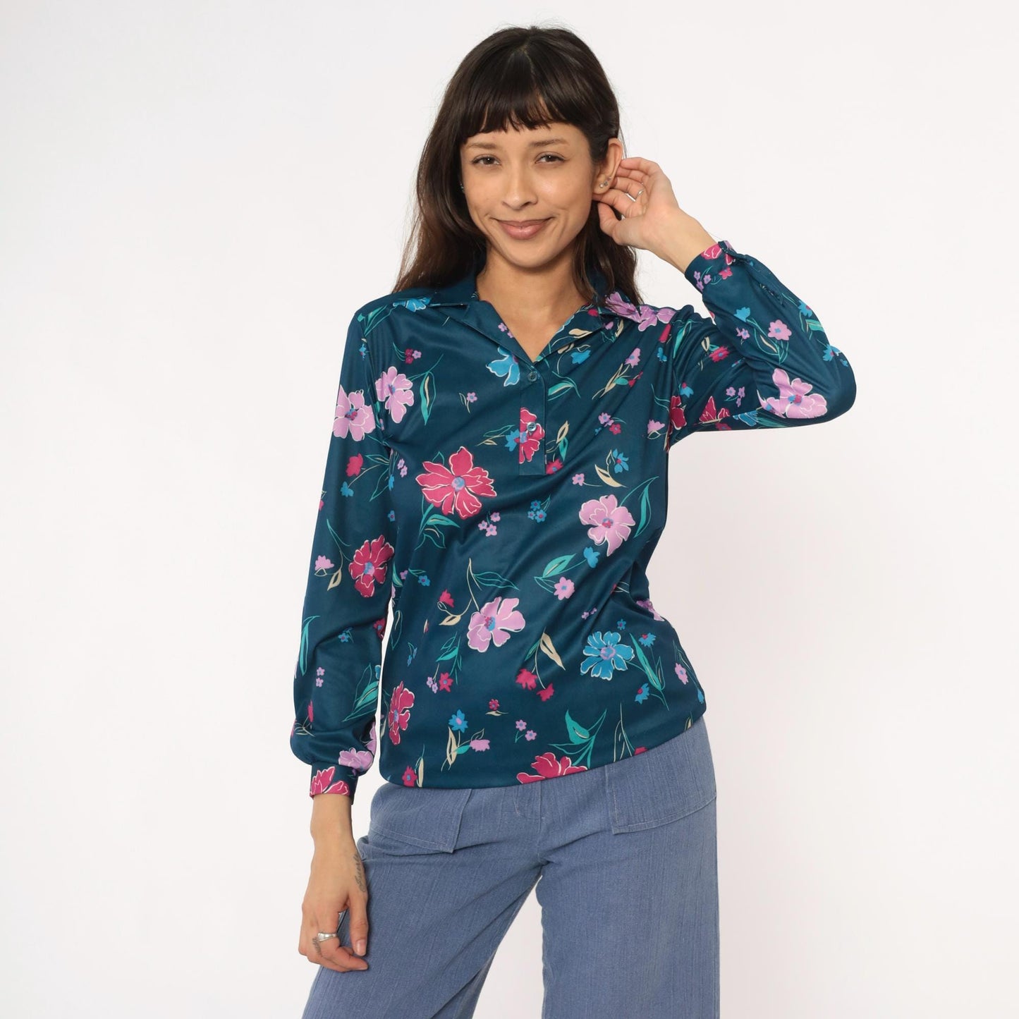 80s Teal Floral Blouse Navy Pink Purple Flowers Long Sleeve Button Up Medium