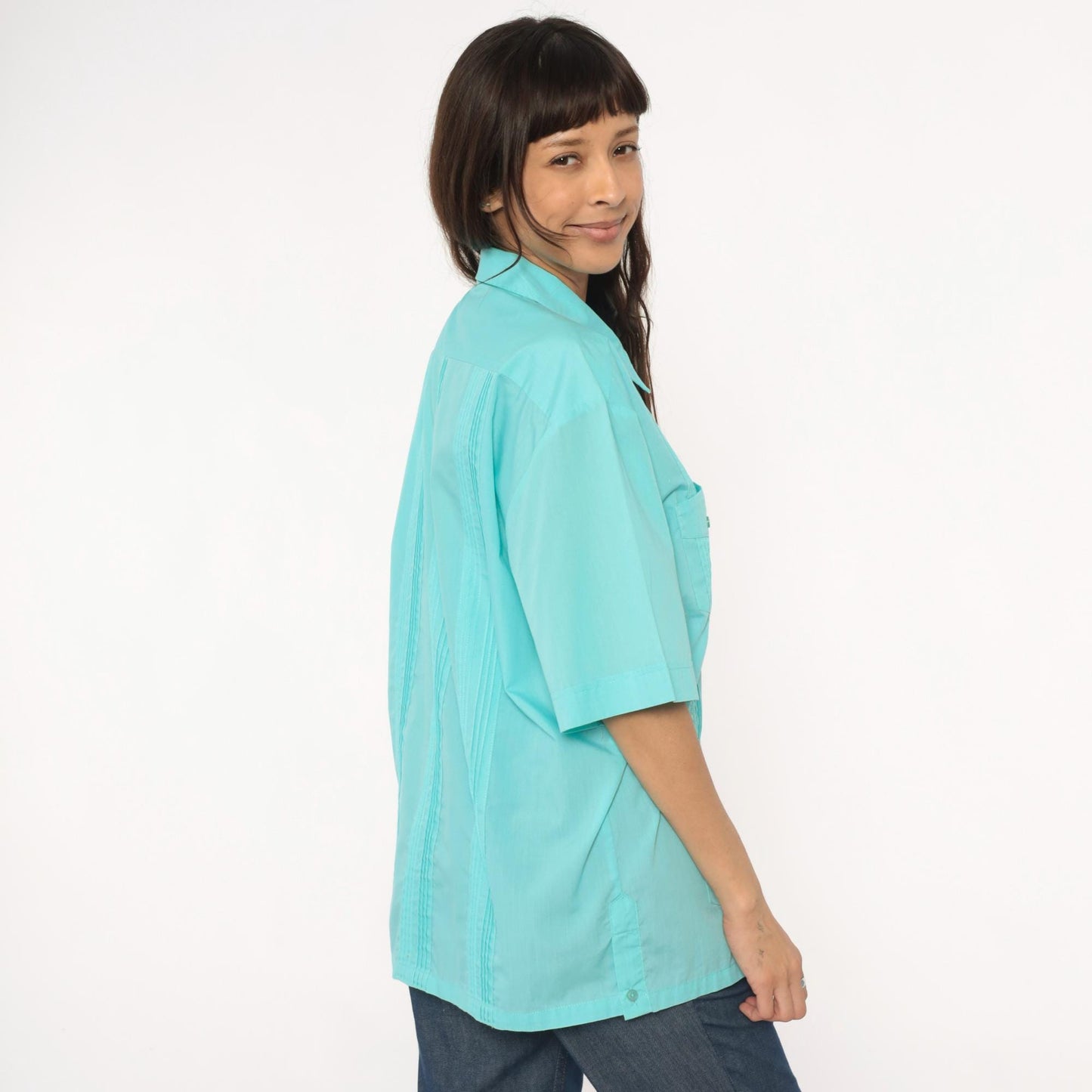 80s Tropicool Aqua Embroidered Pintuck Short Sleeve Shirt Medium