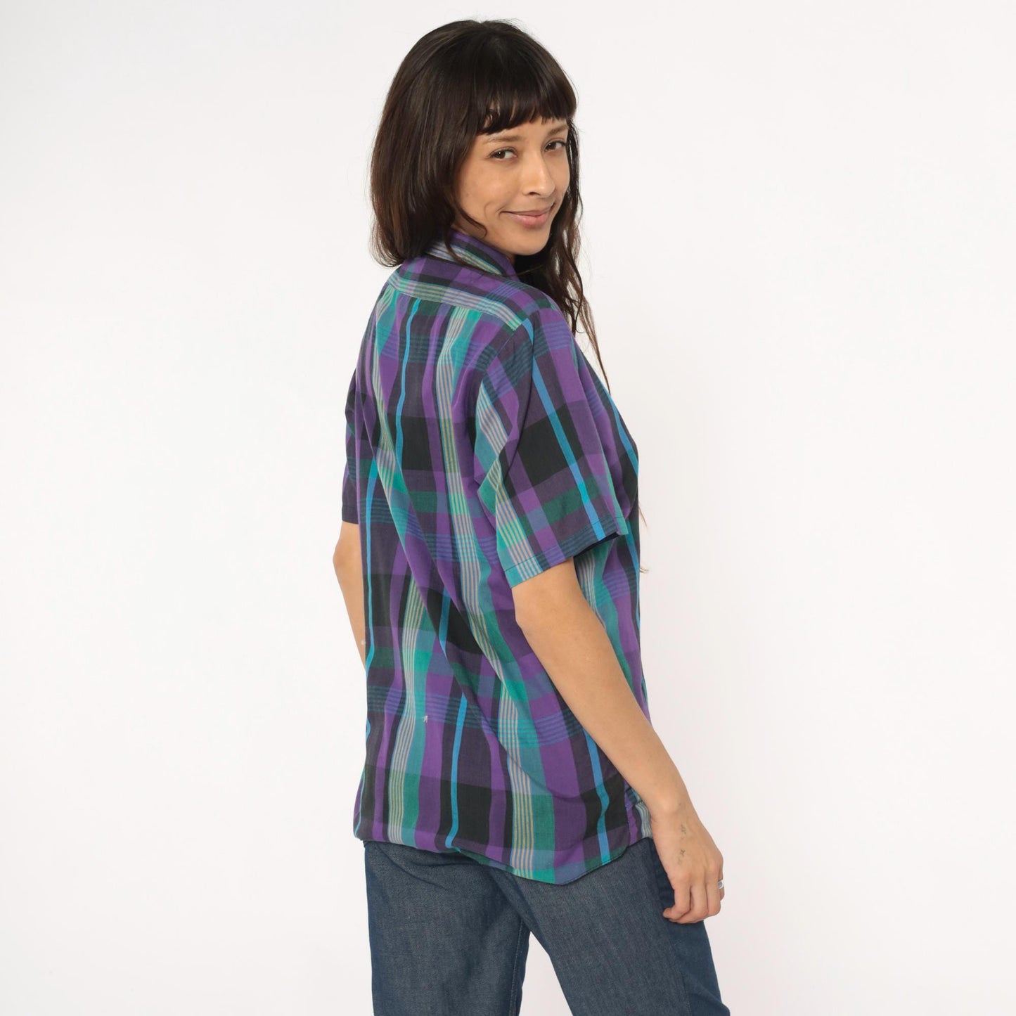 80s Plaid Button-Up Shirt Purple Green Teal Check Short Sleeve Medium