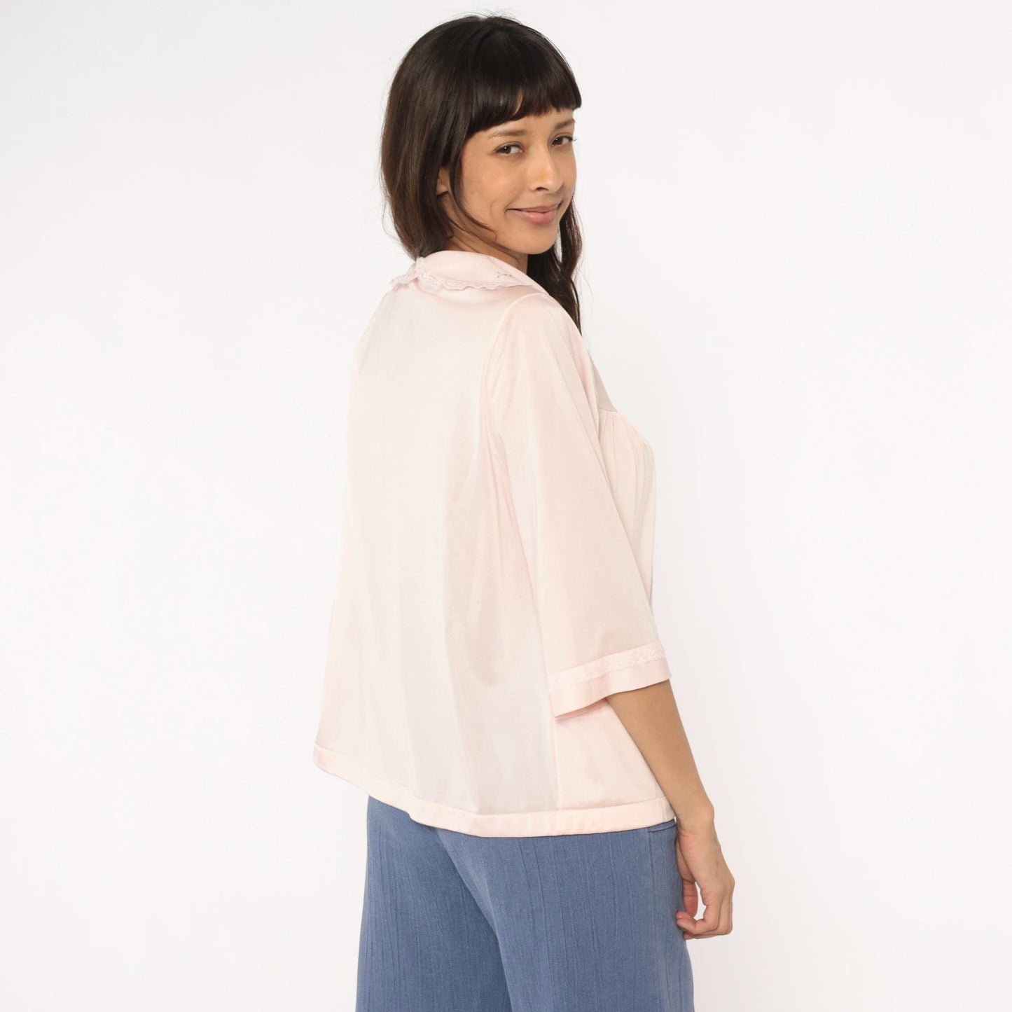 80s Shadowline Nylon Blouse Peter Pan Collar Embroidered Floral Pink Small