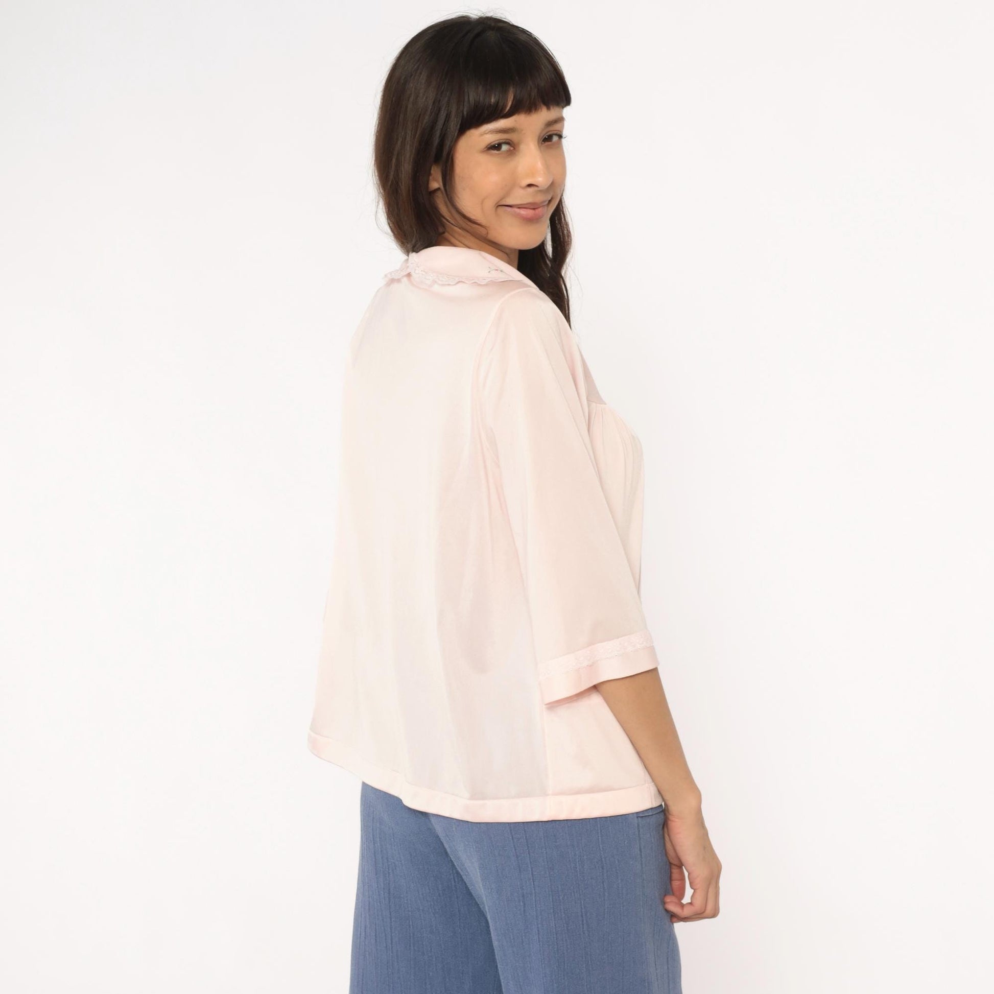 80s Shadowline Nylon Blouse Peter Pan Collar Embroidered Floral Pink Small