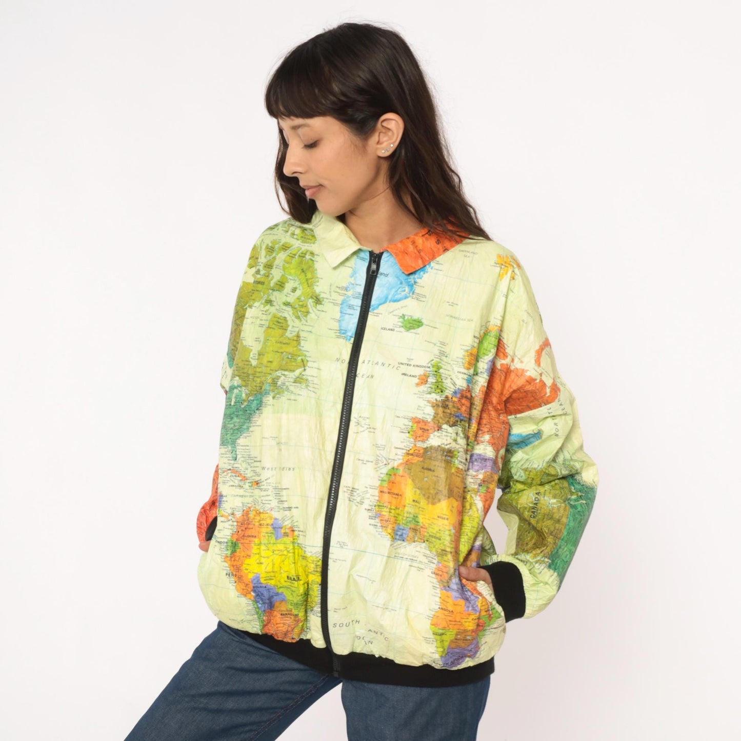 90s Admiral Ty World Map Windbreaker Jacket Tyvek Zip Multicolor Continents Extra Large XL