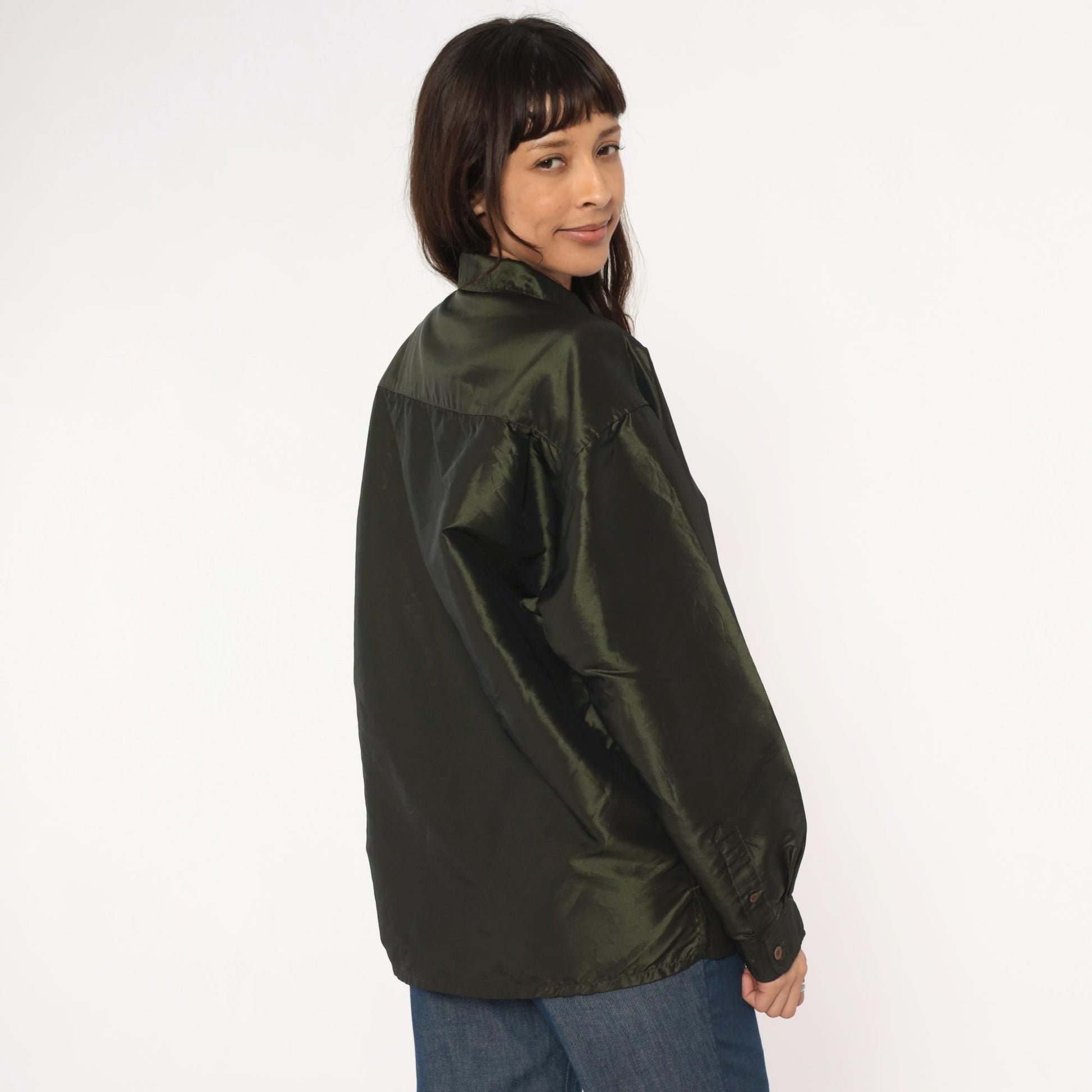 Y2K Olive Green Button-Up Shirt Sqwear Collared Long Sleeve Medium