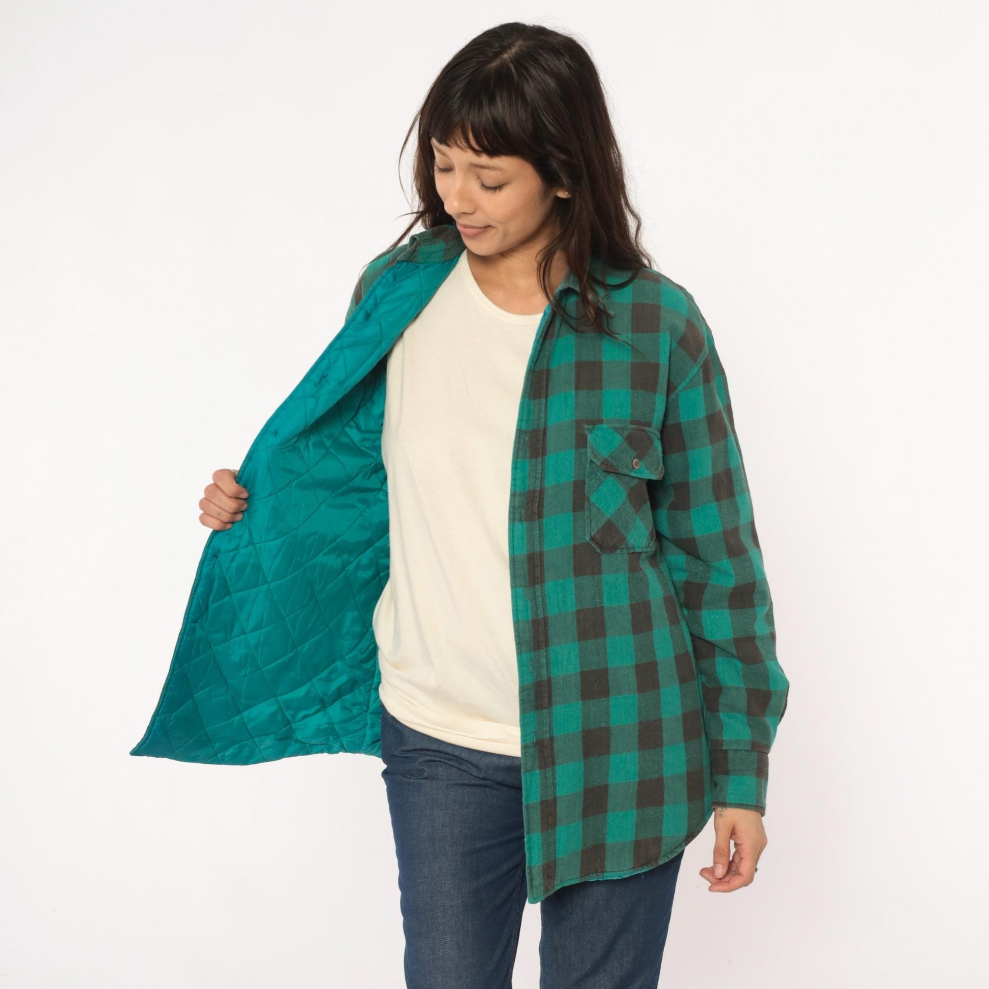 90s Sports Afield Buffalo Plaid Flannel Shirt Green Black Quilted Medium M