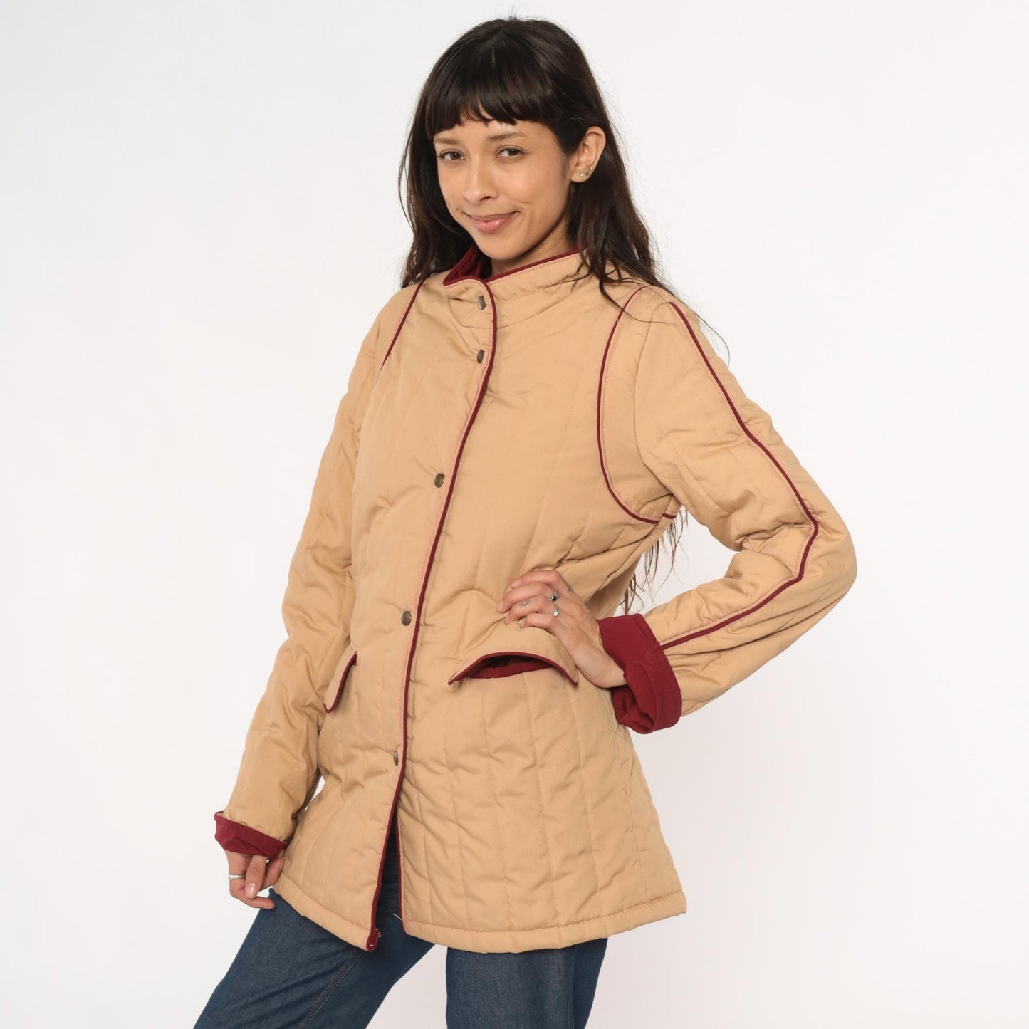 80s Saril Quilted Barn Jacket Tan Burgundy Trim Snap Front Small