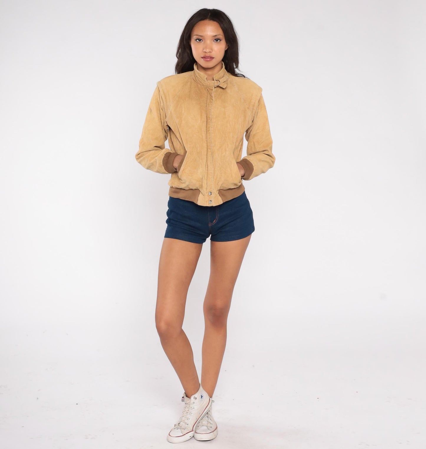 80s Tan Corduroy Bomber Jacket Zip Front Buckle Collar Extra Small XS