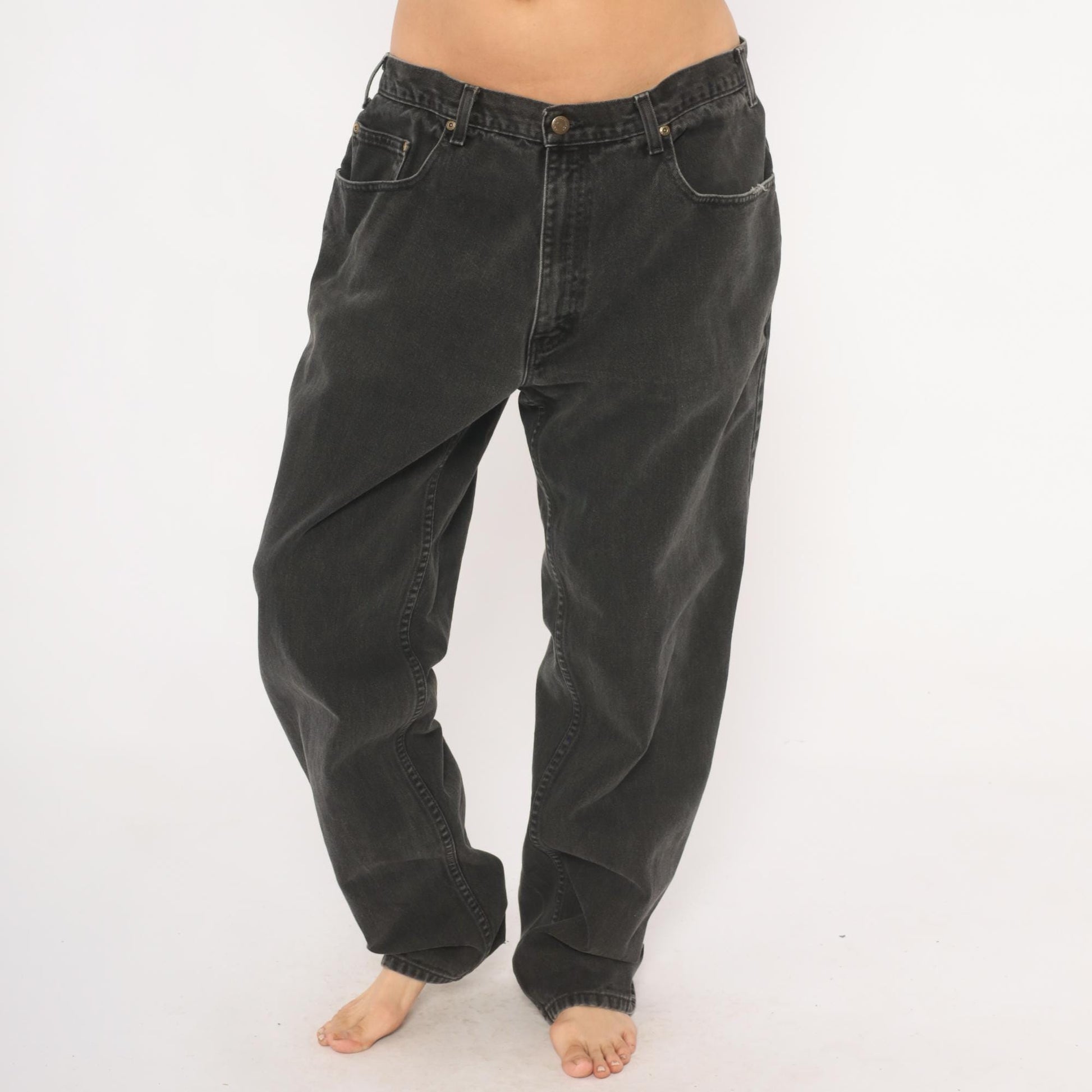 90s Eddie Bauer Faded Black Denim Jeans Straight Leg Relaxed Fit 38x34
