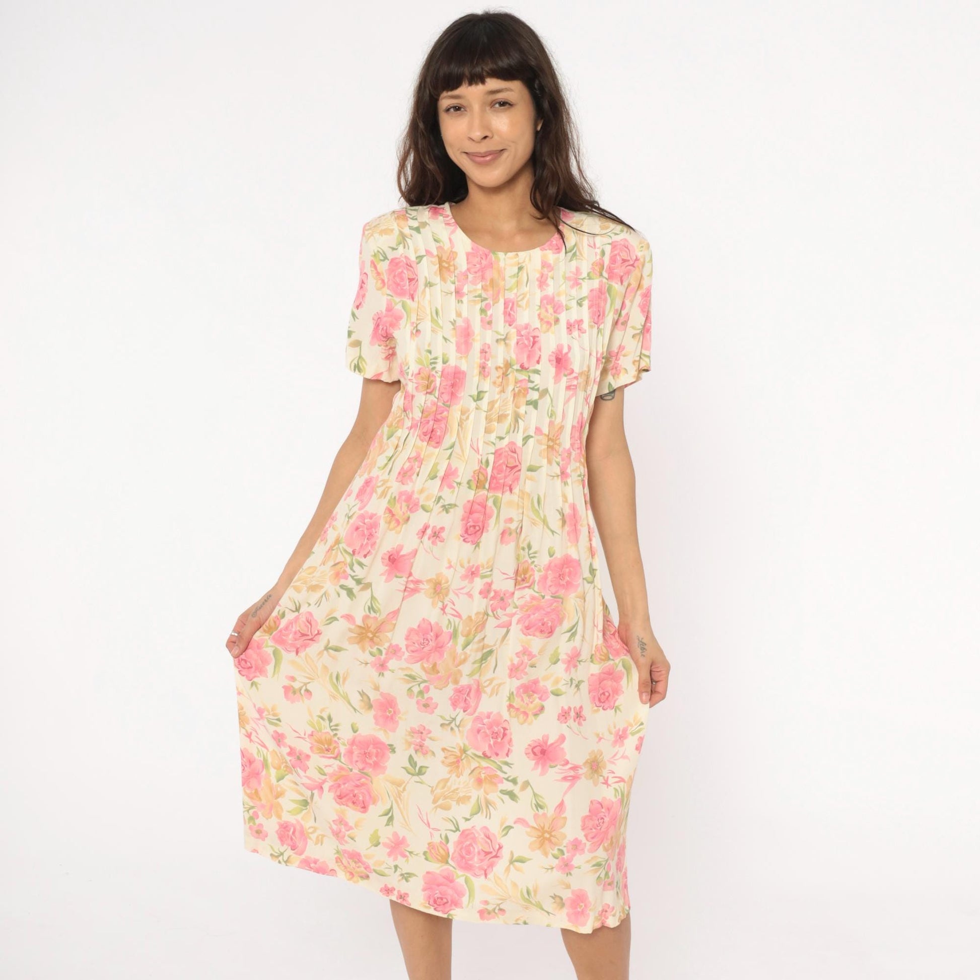 90s Teddi Floral Midi Dress Cream Pink Roses Pintuck Bodice Tie Back Large