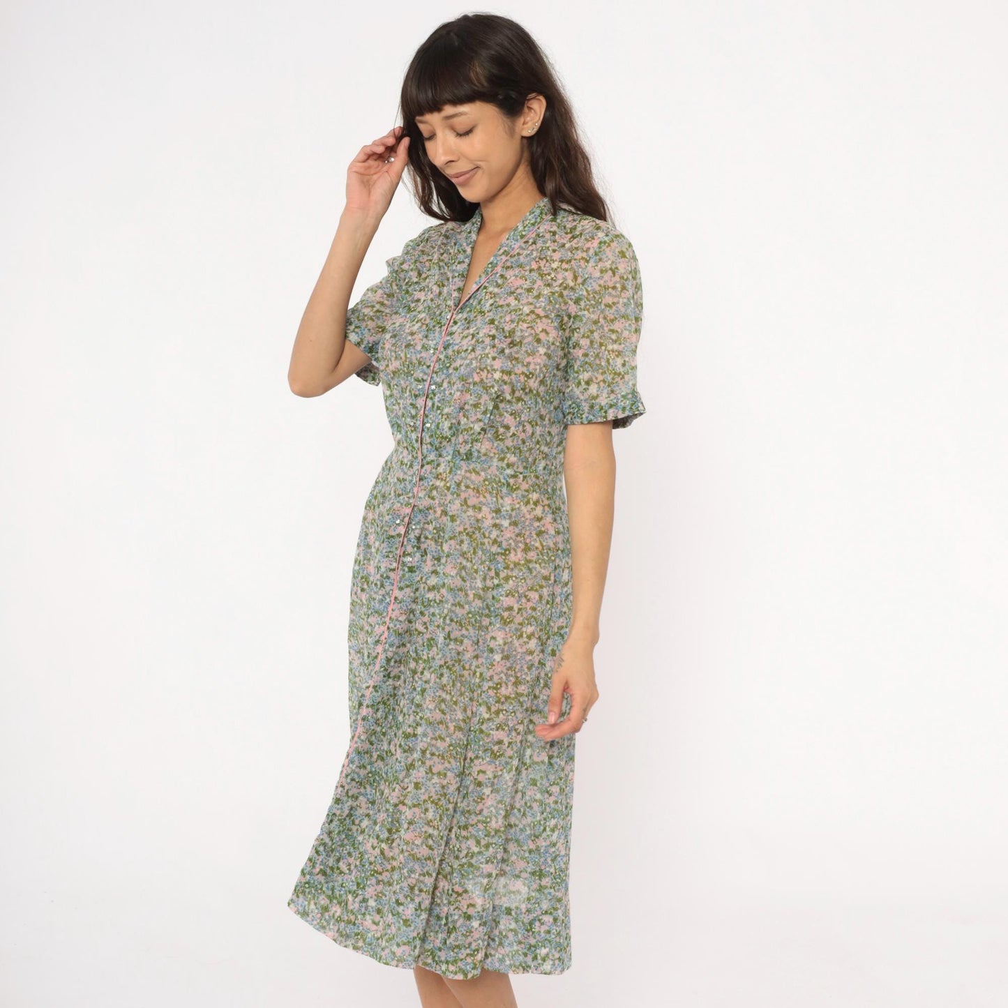 60s Laiglon Floral Midi Dress Button Front Shirtdress Cotton Medium