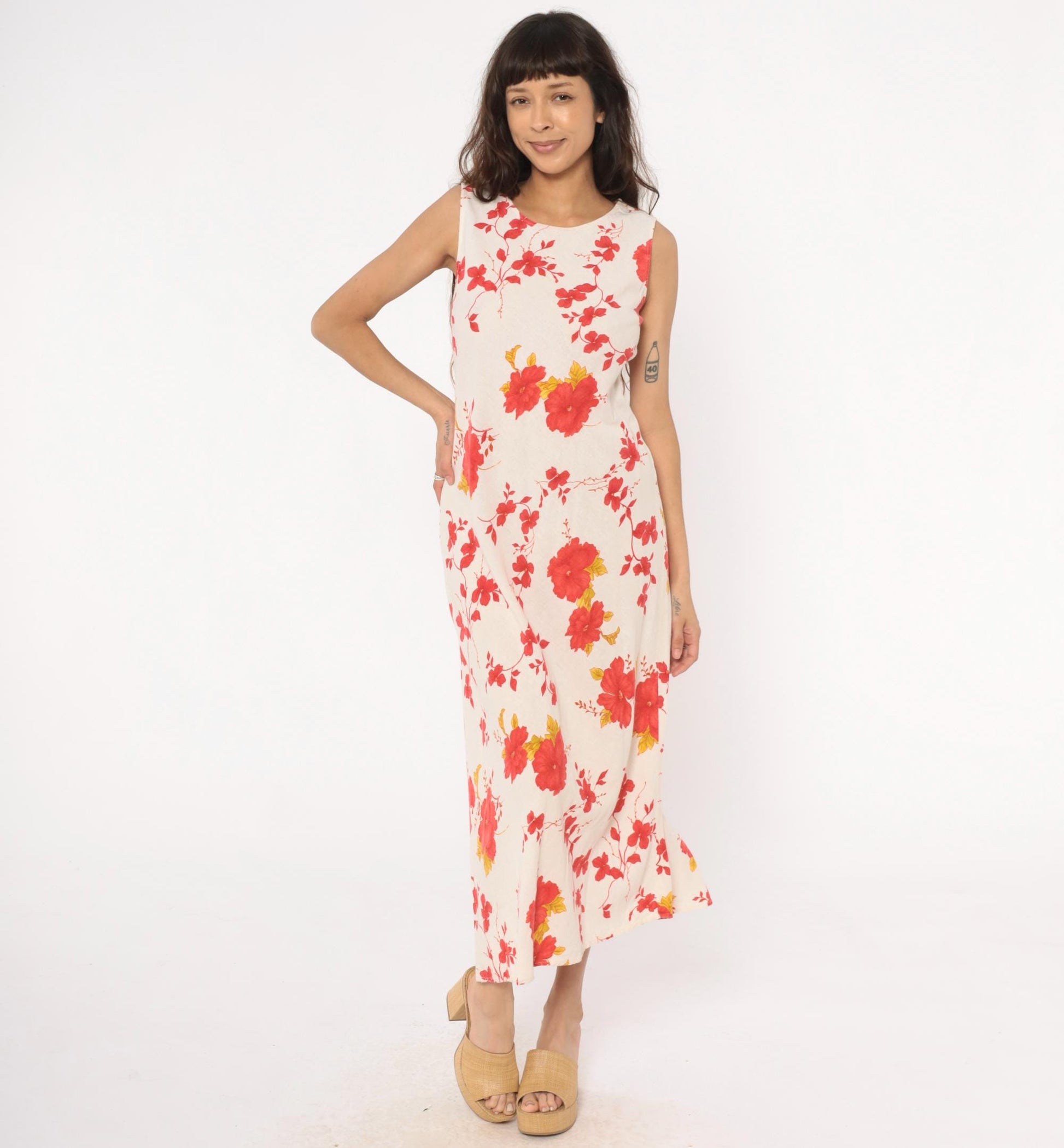 90s Lennie New York Floral Linen Maxi Dress Cream Red Yellow Large L