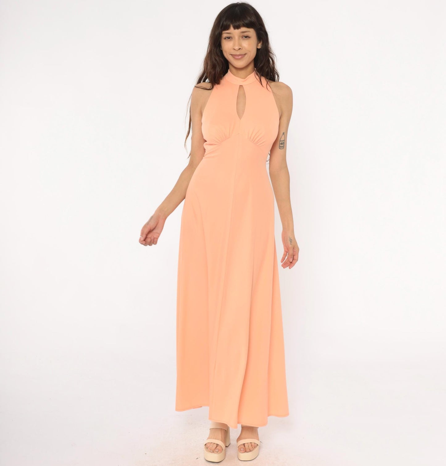 70s Peach Halter Maxi Dress Keyhole Cutout Empire Waist Small