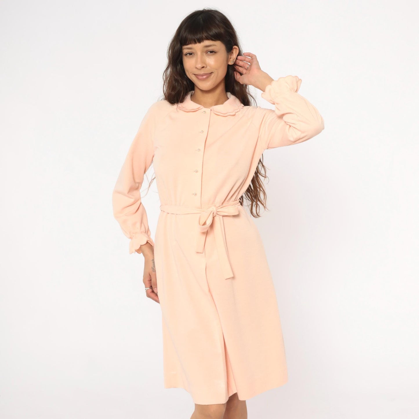 80s Leslie Fay Peach Dress Peter Pan Collar Button Front Belted Small