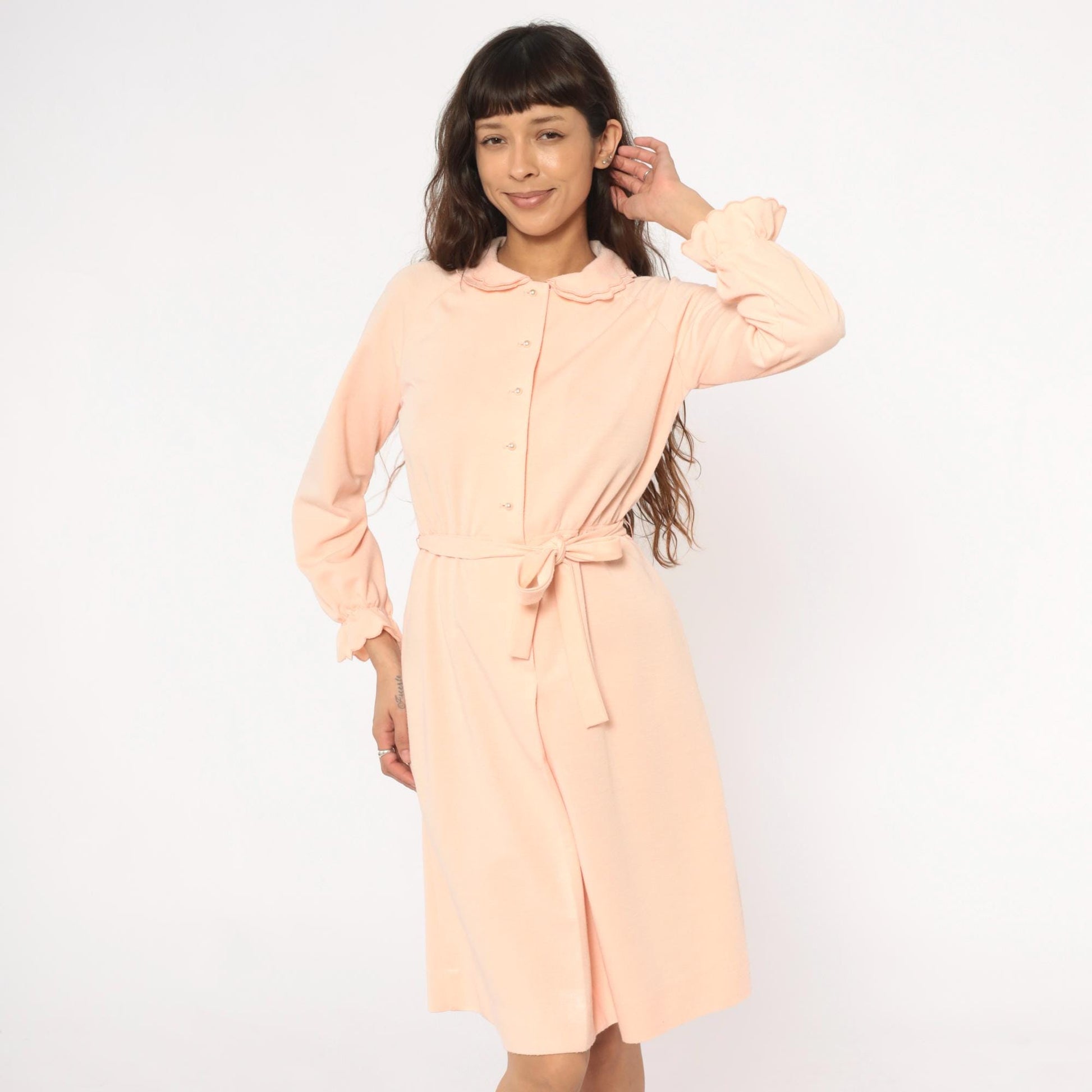 80s Leslie Fay Peach Dress Peter Pan Collar Button Front Belted Small