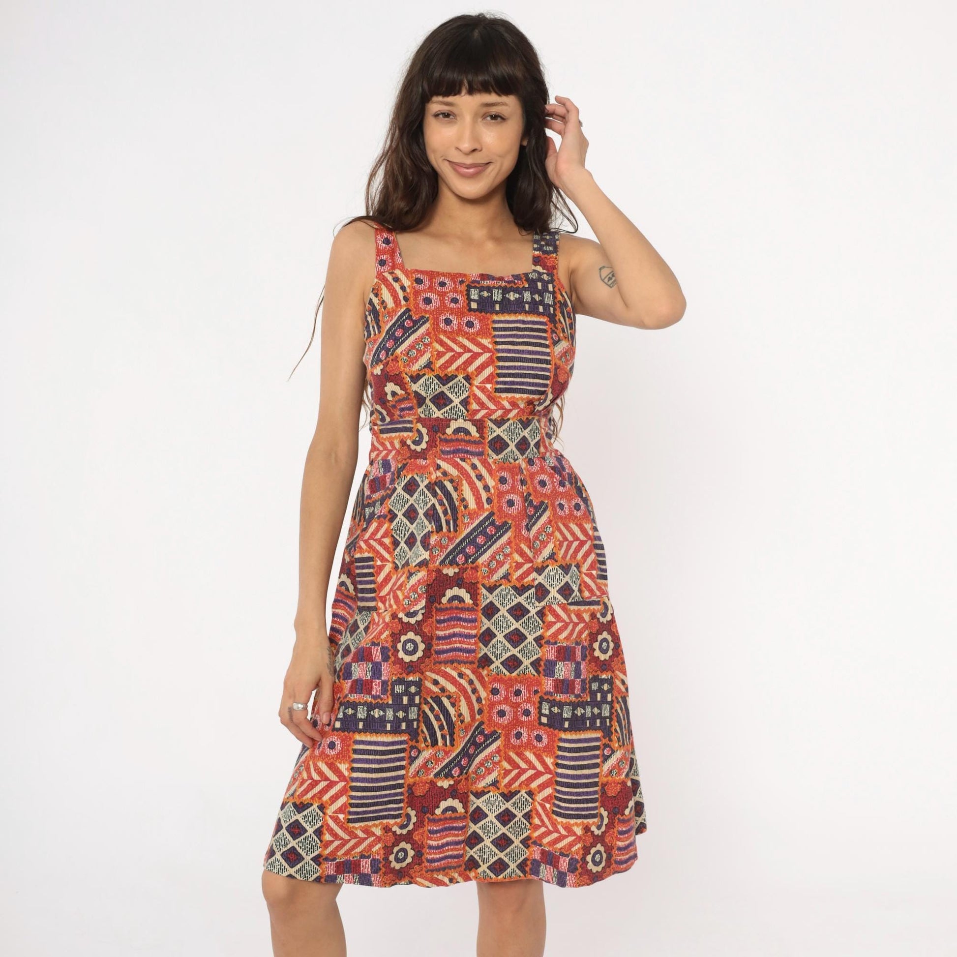 90s Geometric Patchwork Sundress Square Neck Tribal Print Small S
