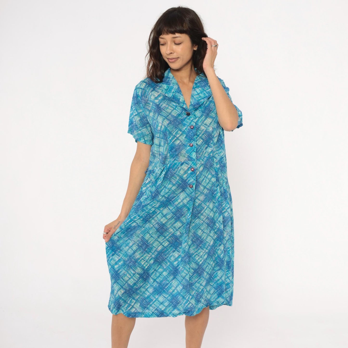 60s Blue Crosshatch Plaid Button-Front Shirtdress Short Sleeve Cotton Large L