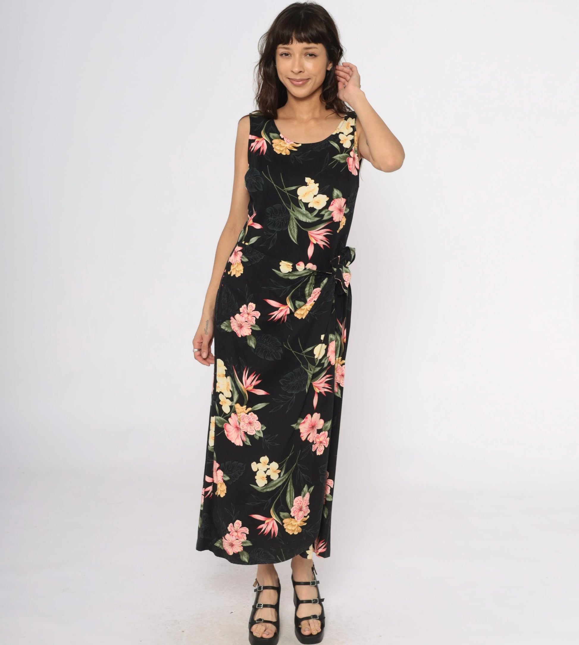 90s Caribbean Joe Black Floral Maxi Dress Tropical Print Sleeveless Large L