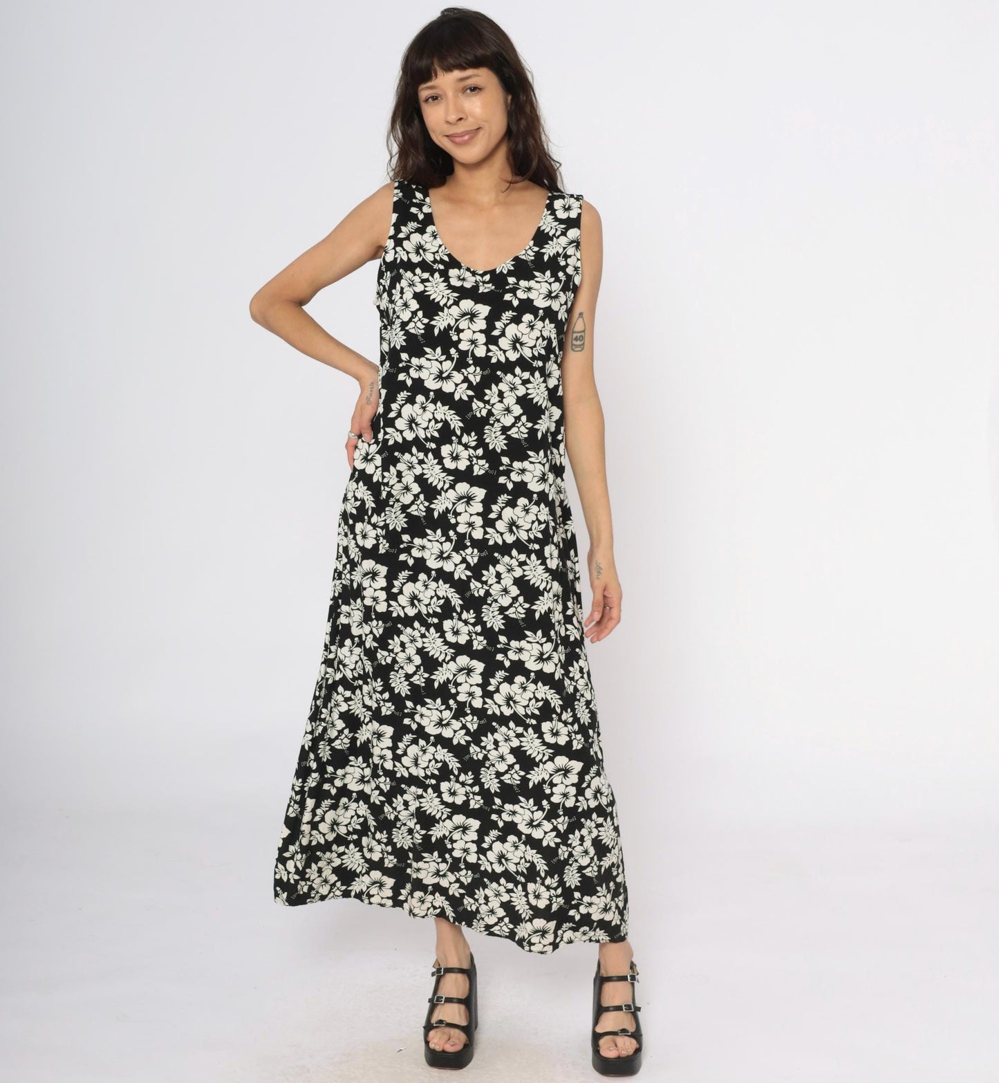 Y2K Josephine Chaus Black Maxi Dress Hibiscus Floral Print Large L