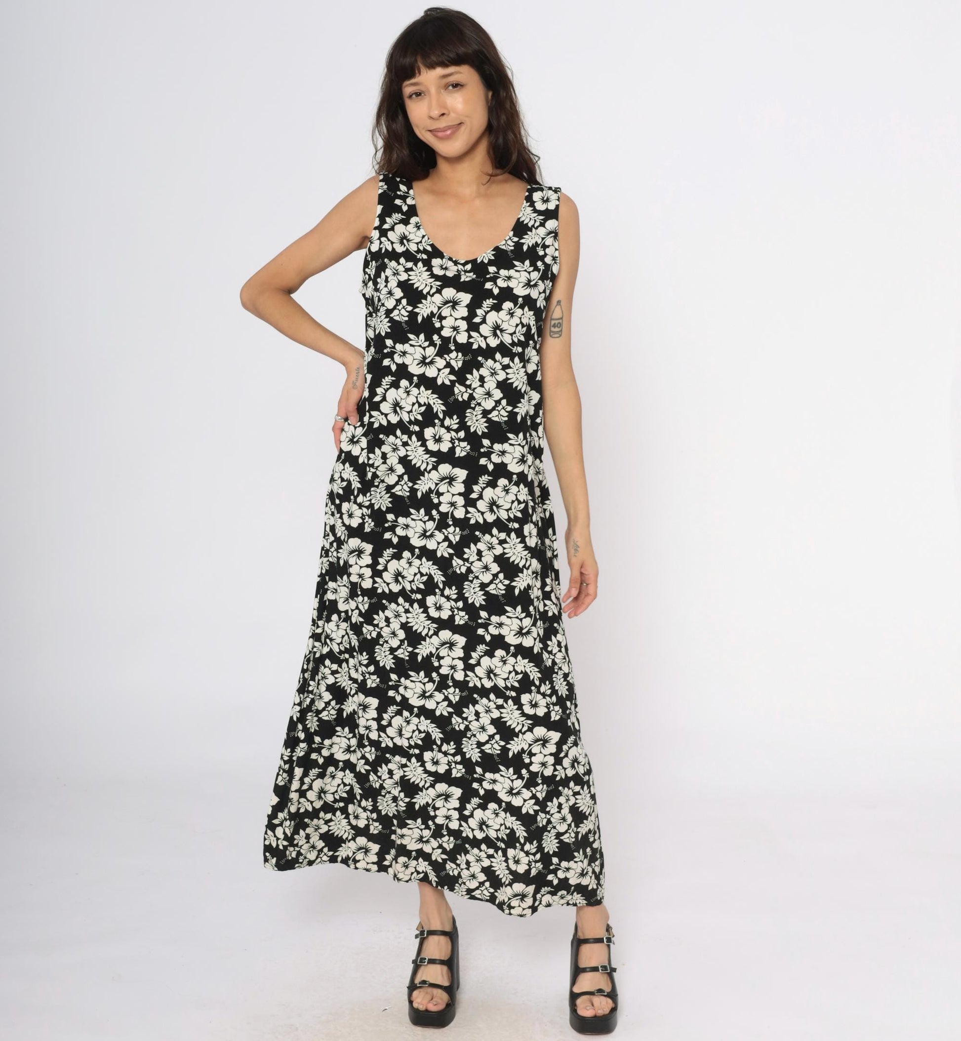 Y2K Josephine Chaus Black Maxi Dress Hibiscus Floral Print Large L