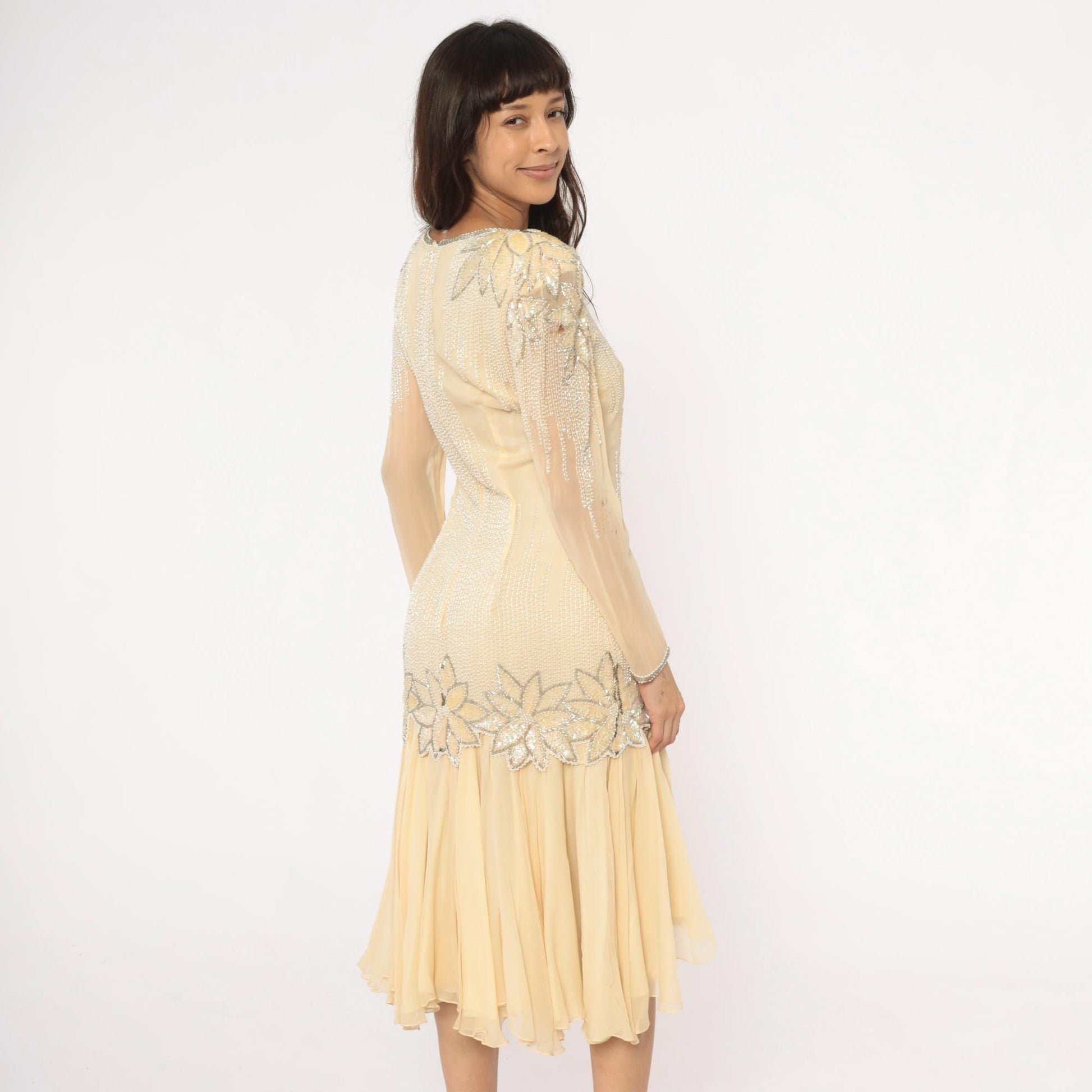 80s Sho Max Originals Silk Dress Beaded Drop Waist Cream Medium M