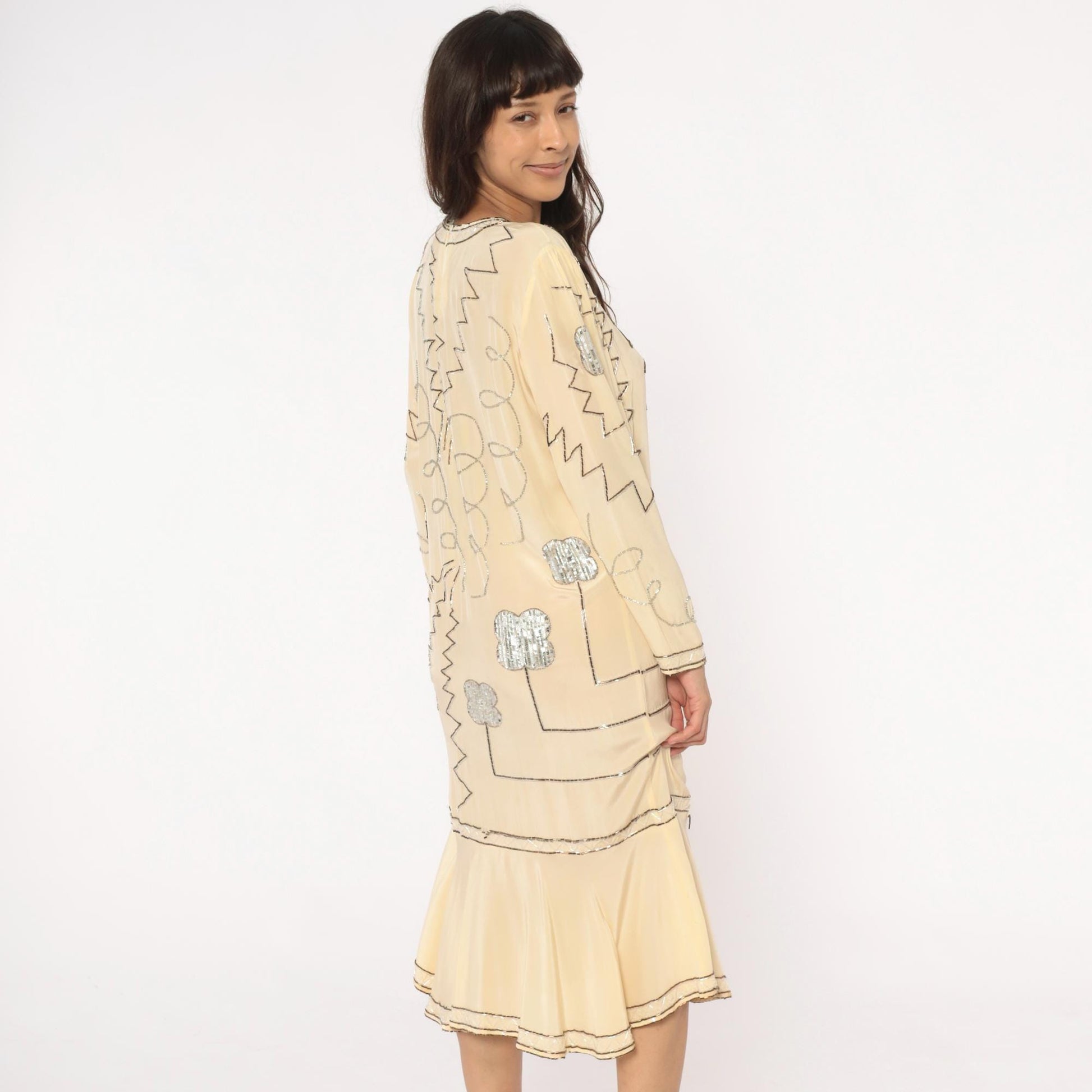 90s Argenti Silk Beaded Midi Dress Cream Drop Waist Geometric Embroidered Medium M