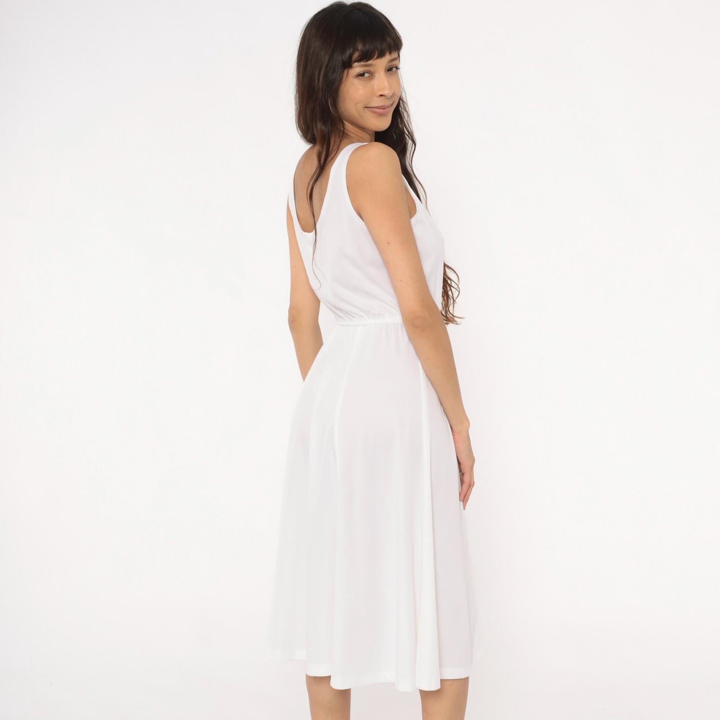 70s White Midi Dress Elastic Waist Scoop Neck A-Line Tank Strap Medium M