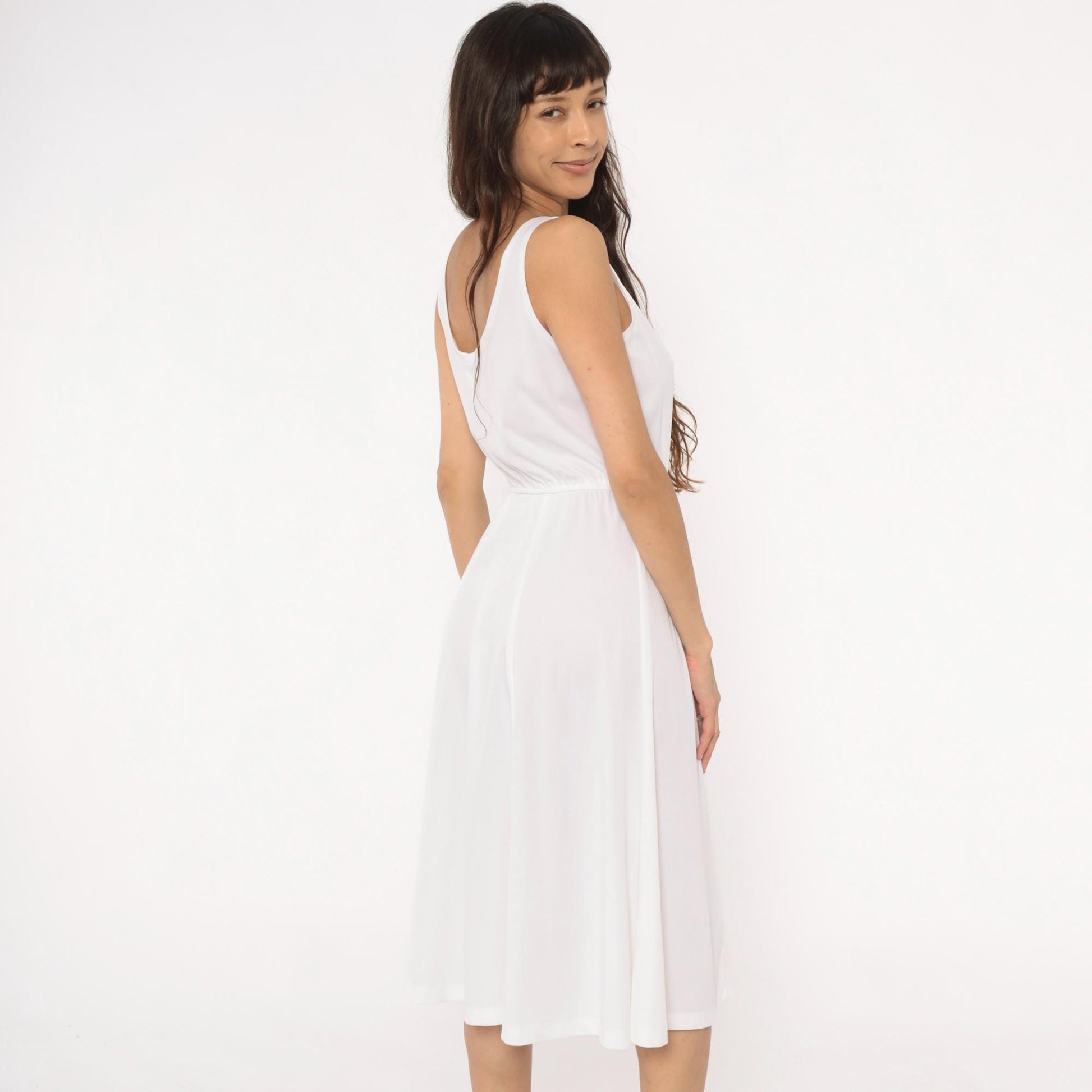 70s White Midi Dress Elastic Waist Scoop Neck A-Line Tank Strap Medium M