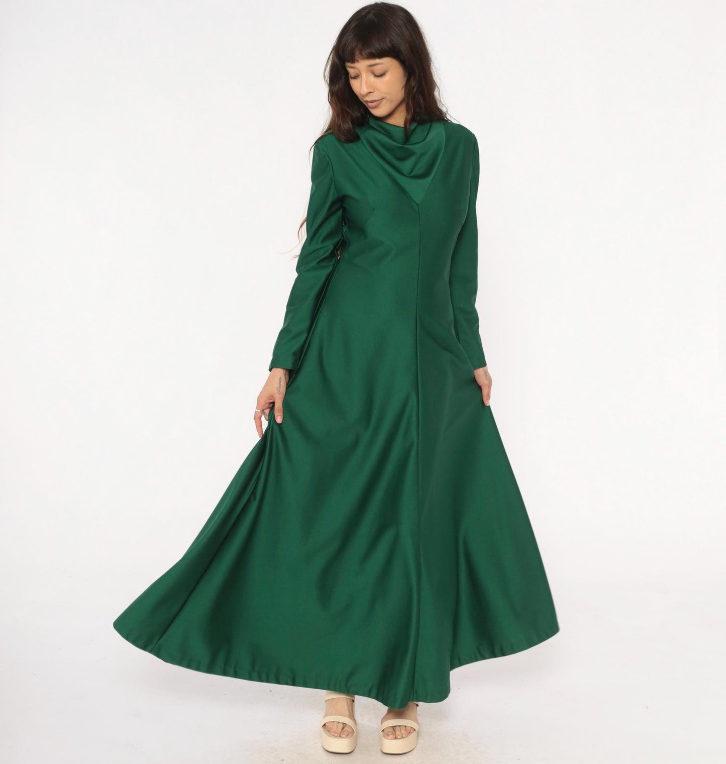 70s Green Maxi Dress Cowl Neck Long Sleeve Forest Draped Medium