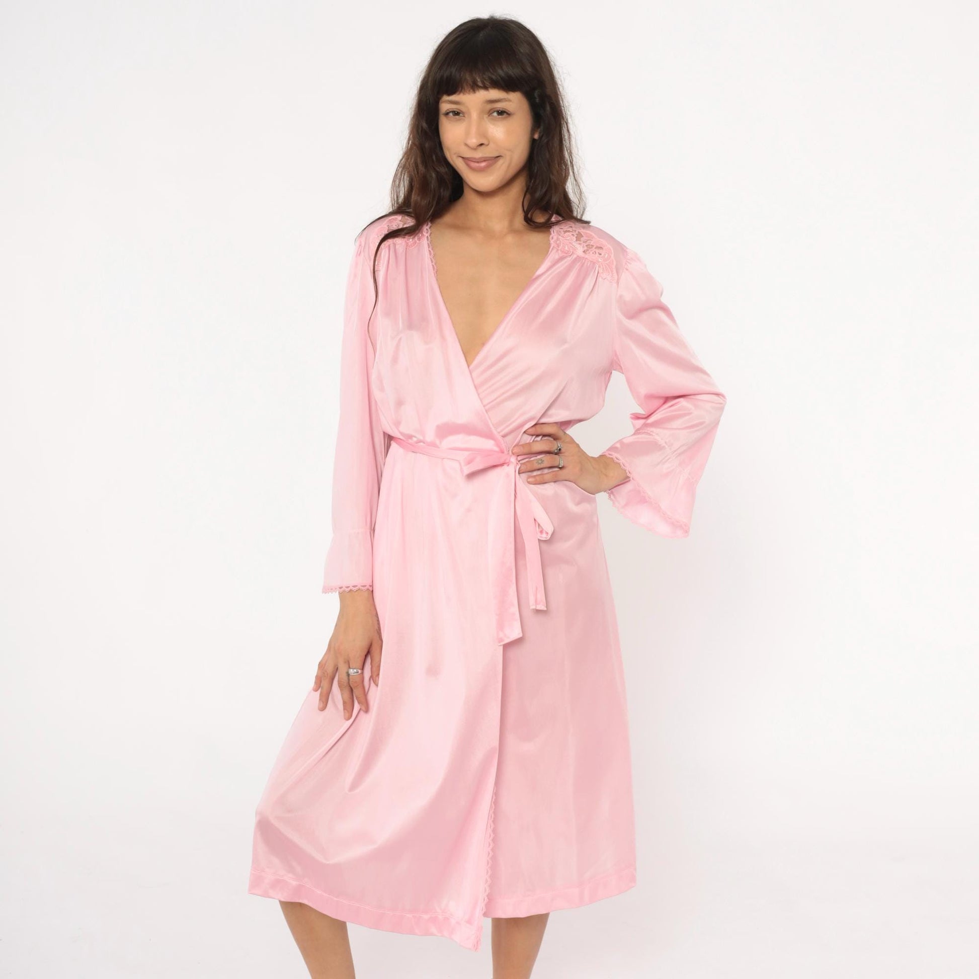 70s Lorraine Pink Lace Wrap Robe V-Neck Tie Front Lingerie Medium M