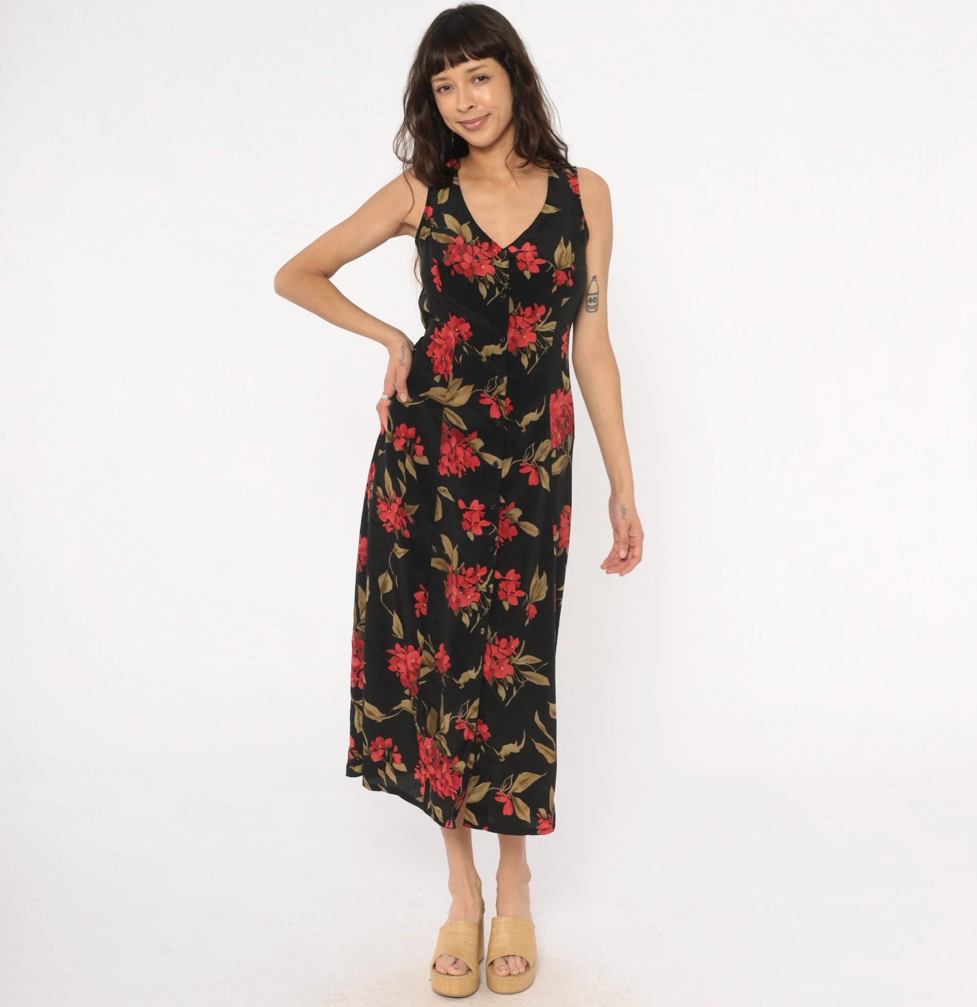 90s Expressions Floral Maxi Dress Black Red Coral Sleeveless V-Neck Medium