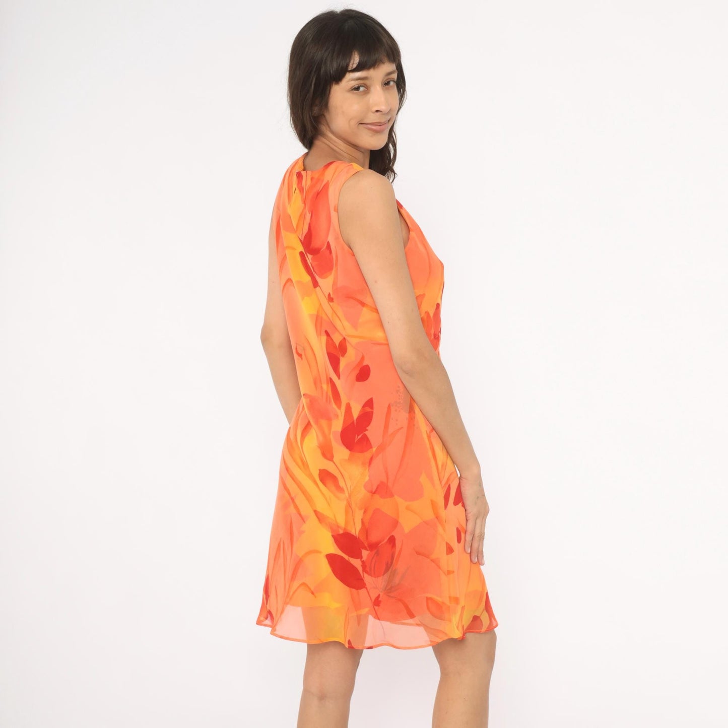 90s Jessica Howard Orange Floral Chiffon Shift Dress Medium M