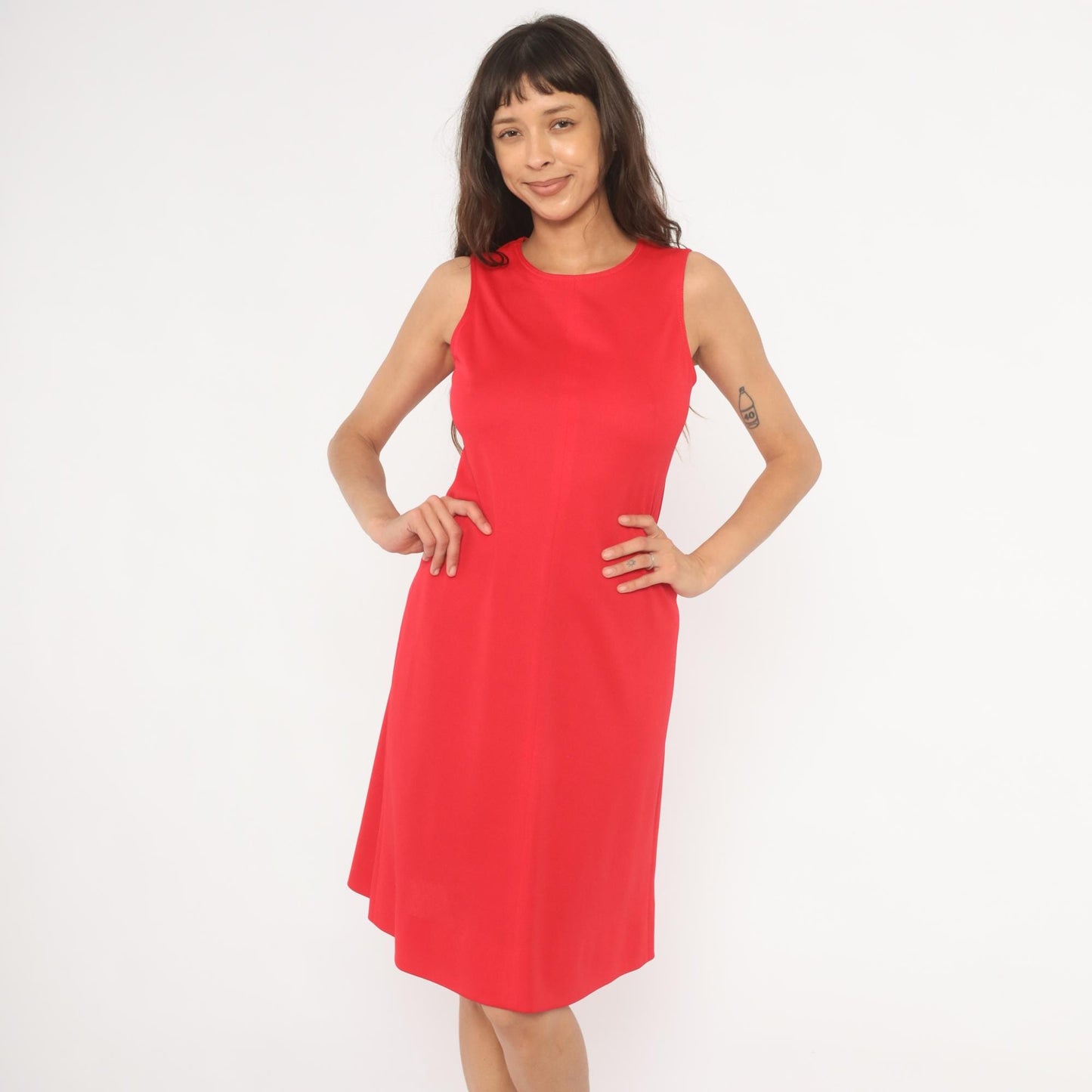 1960s Red A-Line Shift Dress Scoop Neck Sleeveless Knee Length Small S