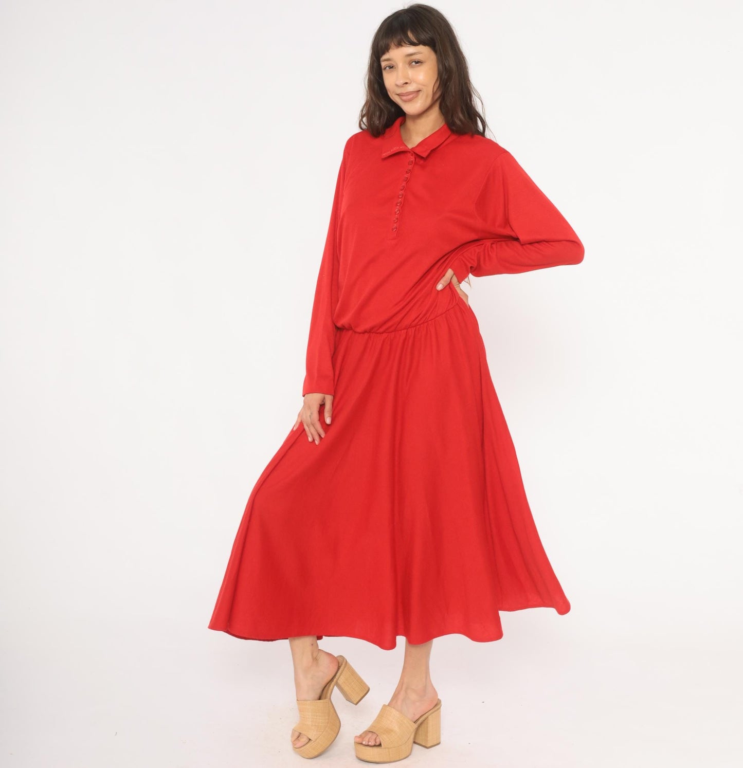 90s Positive Attitude Red Polo Dress Maxi Gathered Waist Long Sleeve Large L