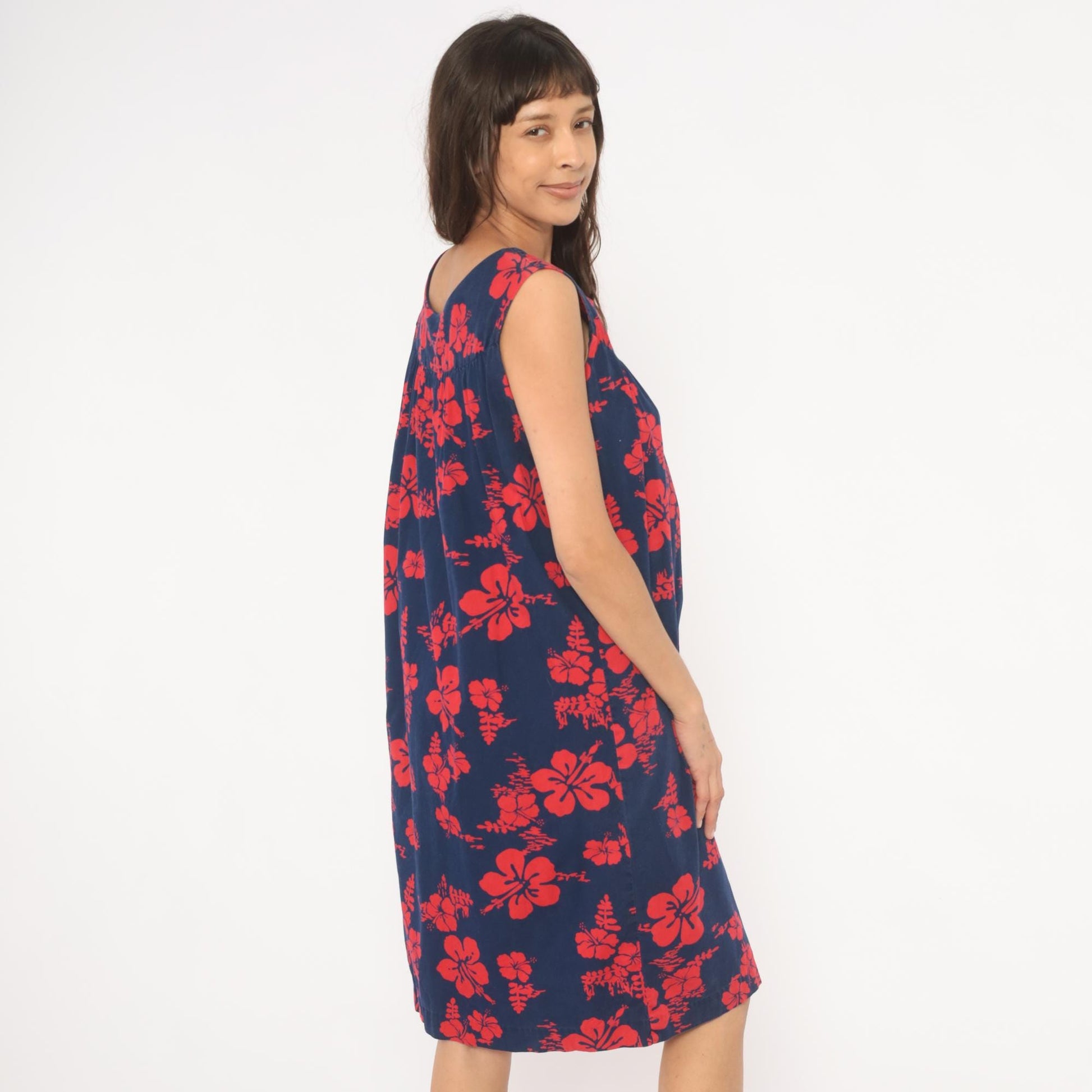 80s Ui-Makai Hawaiian Hibiscus Dress Navy Blue Red Floral Sleeveless Small